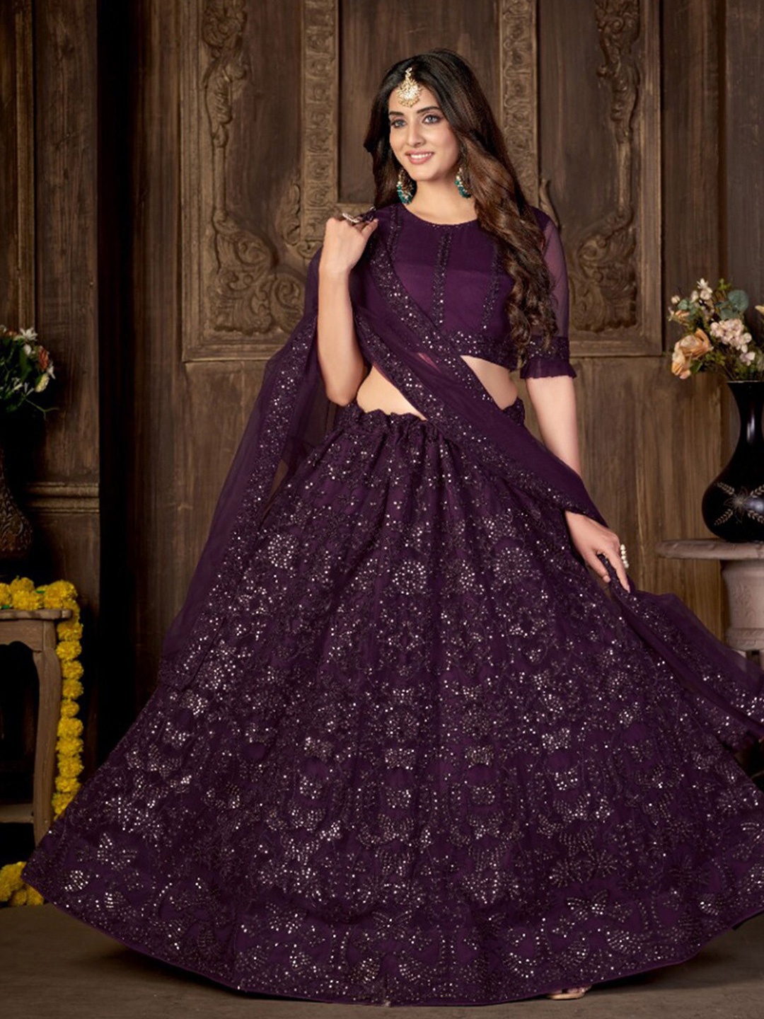 

Satrani Embroidered Sequinned Semi-Stitched Lehenga & Unstitched Blouse With Dupatta, Purple