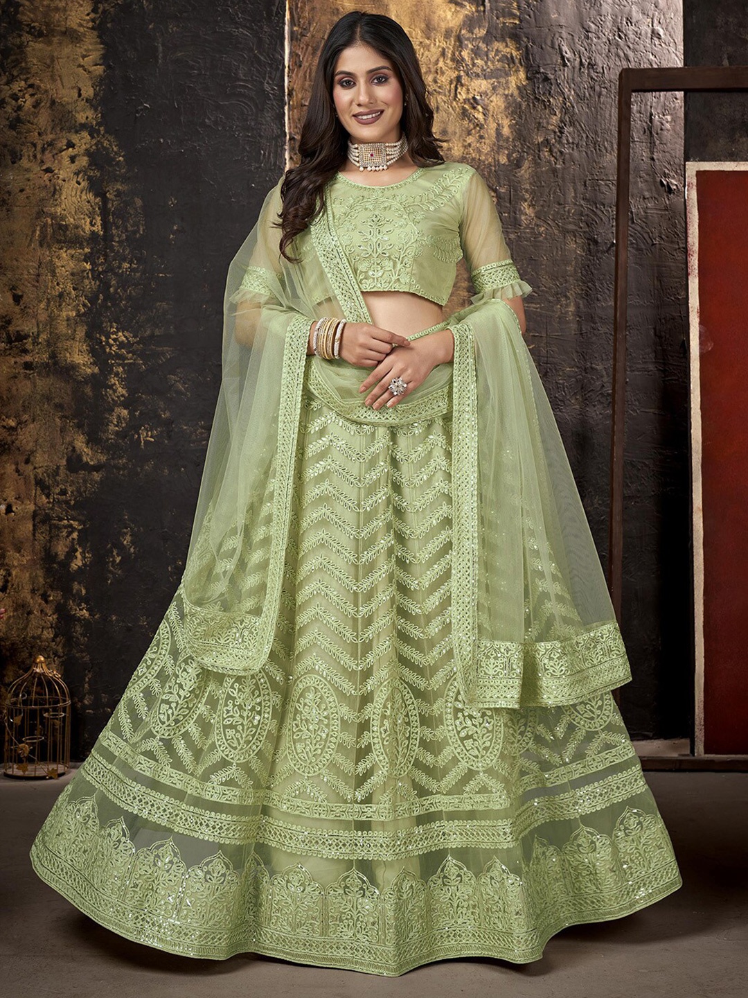 

Satrani Embroidered Sequinned Semi-Stitched Lehenga & Unstitched Blouse With Dupatta, Lime green