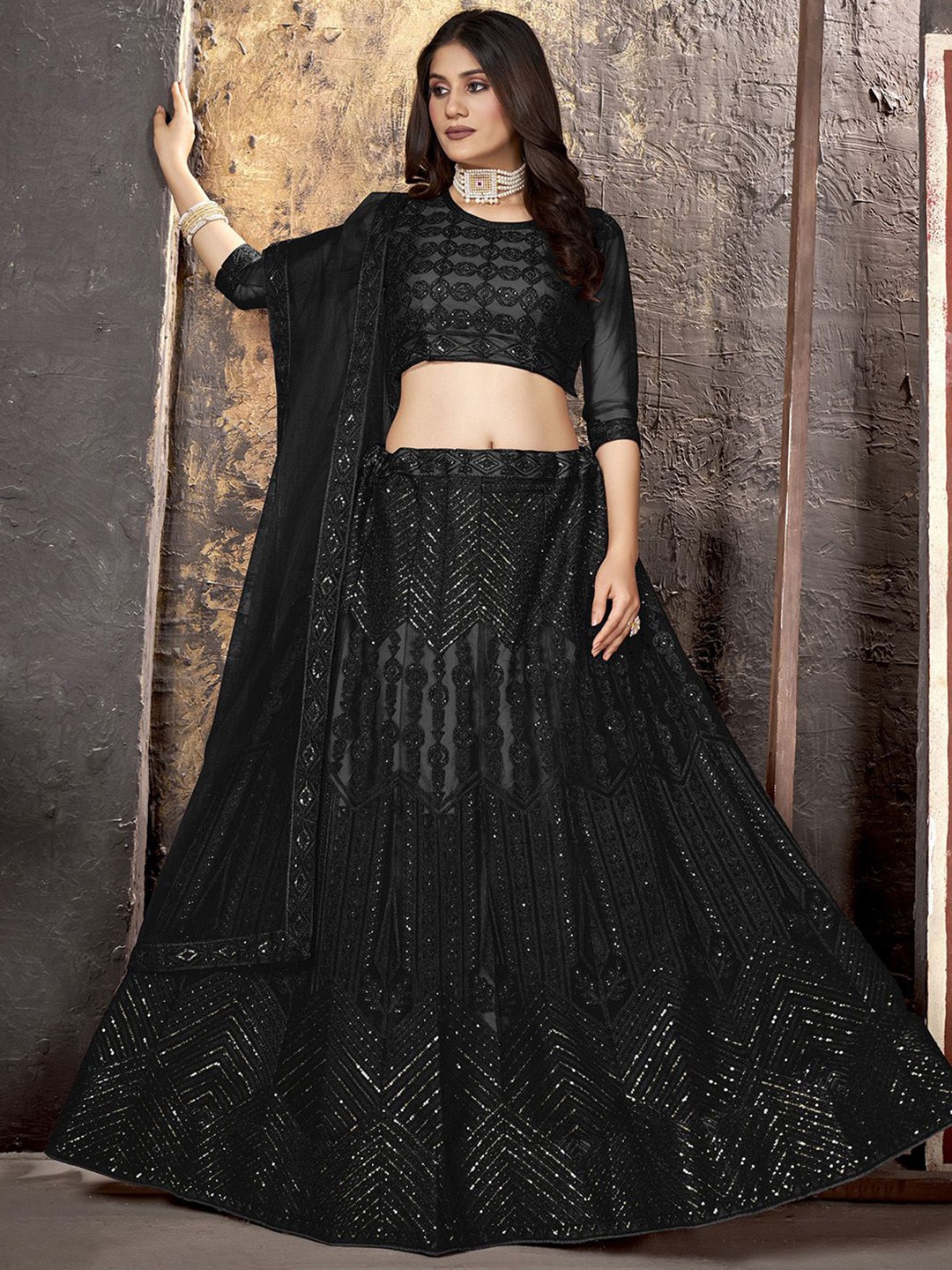 

Satrani Embroidered Semi-Stitched Lehenga & Unstitched Blouse With Dupatta, Black