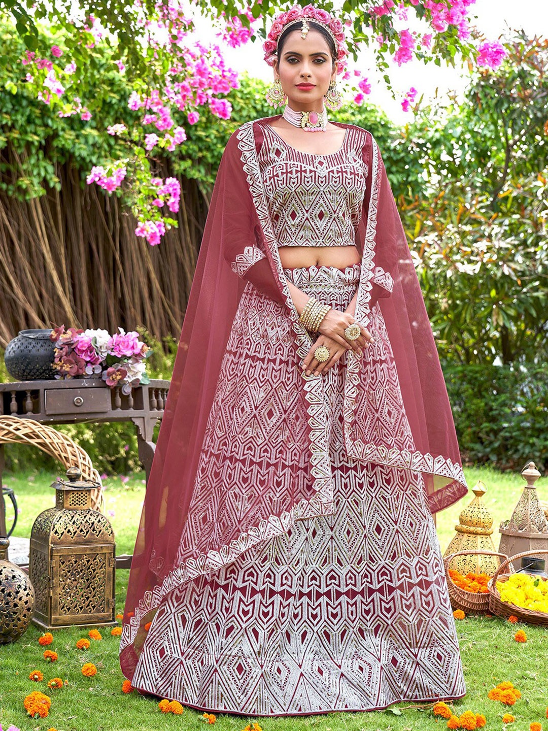 

Satrani Embroidered Sequinned Semi-Stitched Lehenga & Unstitched Blouse With Dupatta, Pink