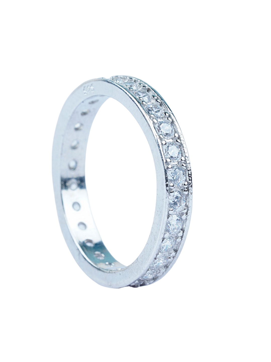

925 SILLER Sterling Silver Rhodium-Plated Cubic Zirconia-Studded Adjustable Finger Ring