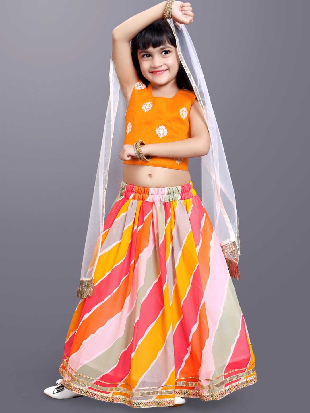 BAESD Girls Embroidered Ready to Wear Lehenga & Blouse With Dupatta, Orange
