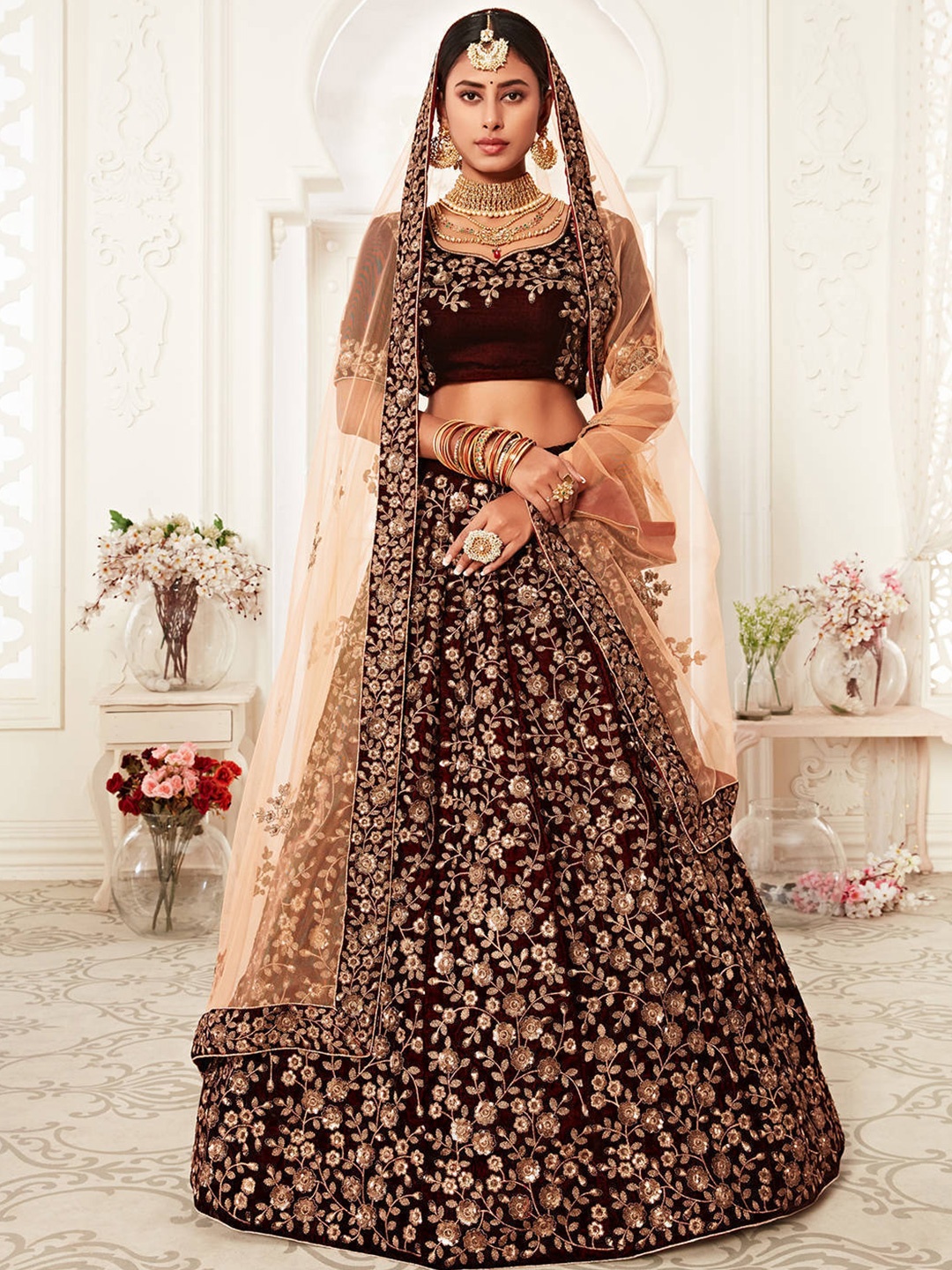 

FABPIXEL Embroidered Sequinned Semi-Stitched Lehenga & Unstitched Blouse With Dupatta, Maroon