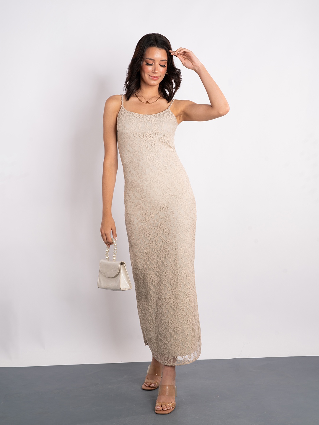 

Stylecast X Hersheinbox Lace Sheath Maxi Dress, Beige