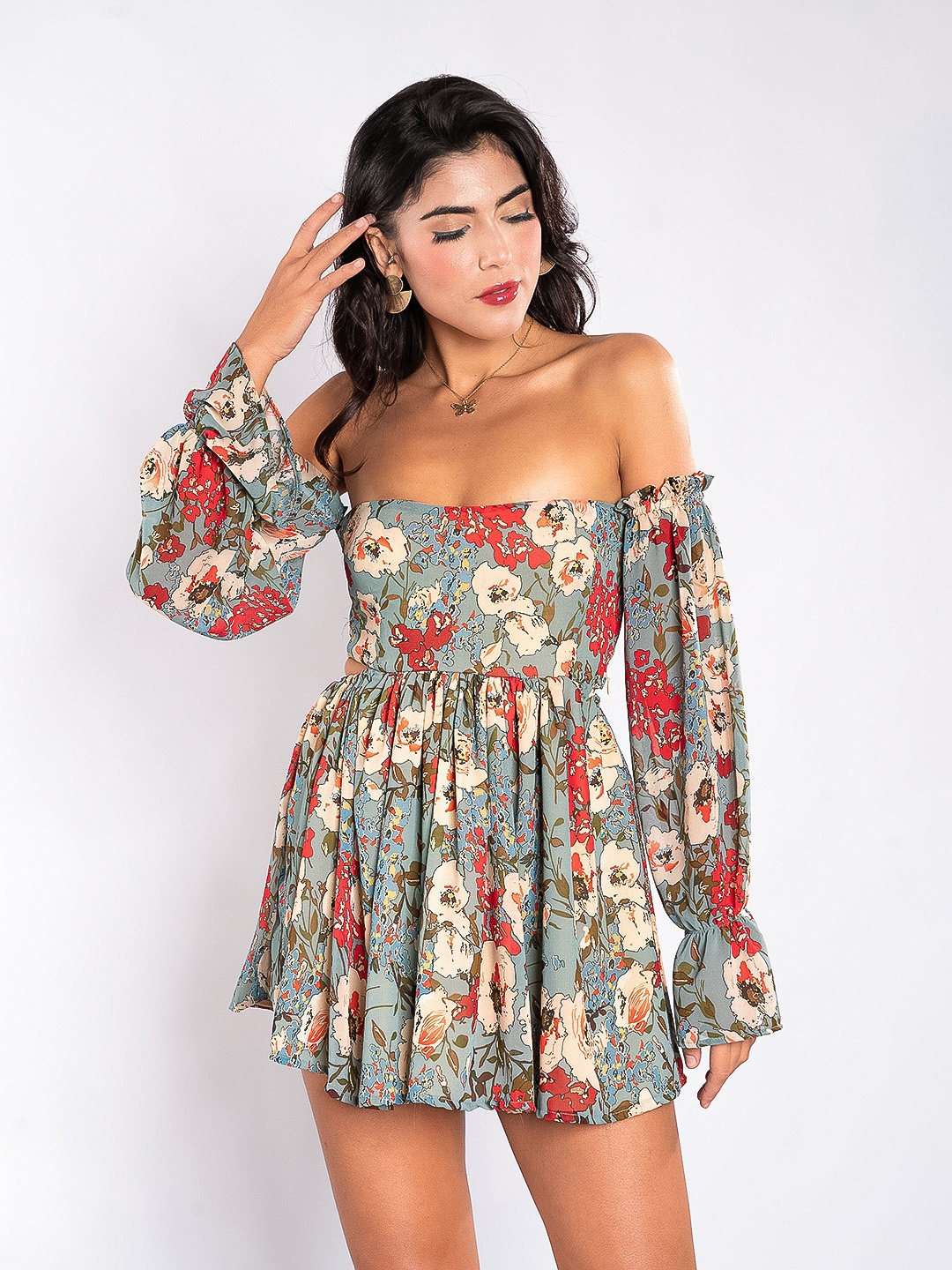 

Stylecast X Hersheinbox Floral Print Puff Sleeves Cut-Outs Detailed Fit & Flare Mini Dress, Grey