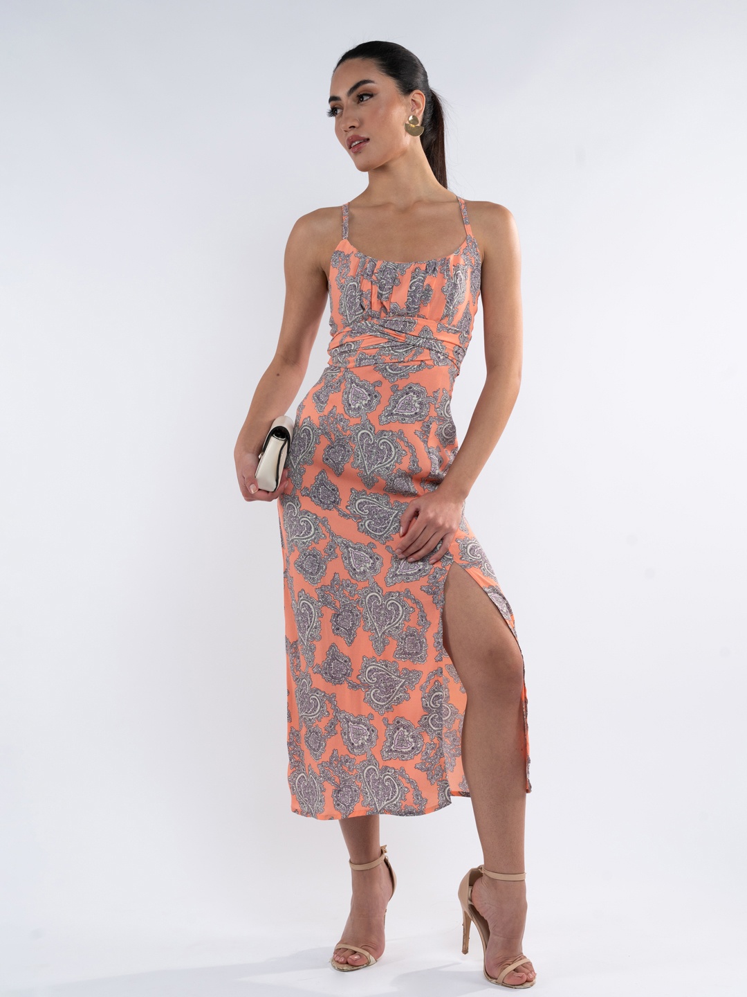 

Stylecast X Hersheinbox Printed Slit A-Line Midi Dress, Peach