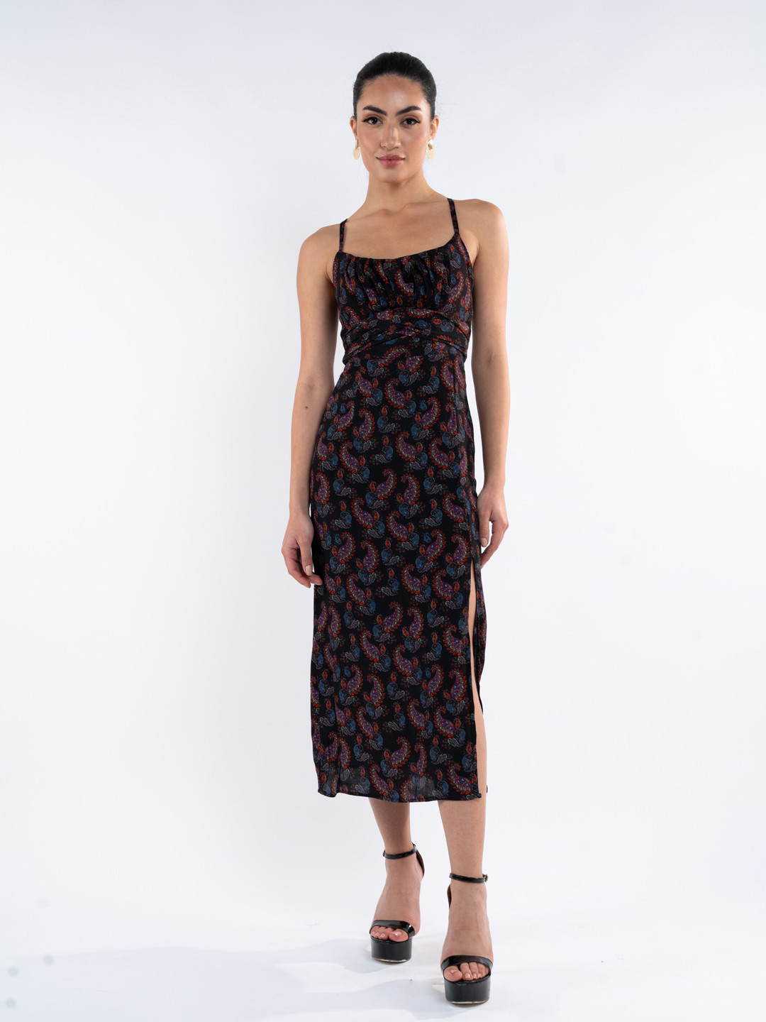 

Stylecast X Hersheinbox Paisley Print Tie-Up Midi Dress, Black