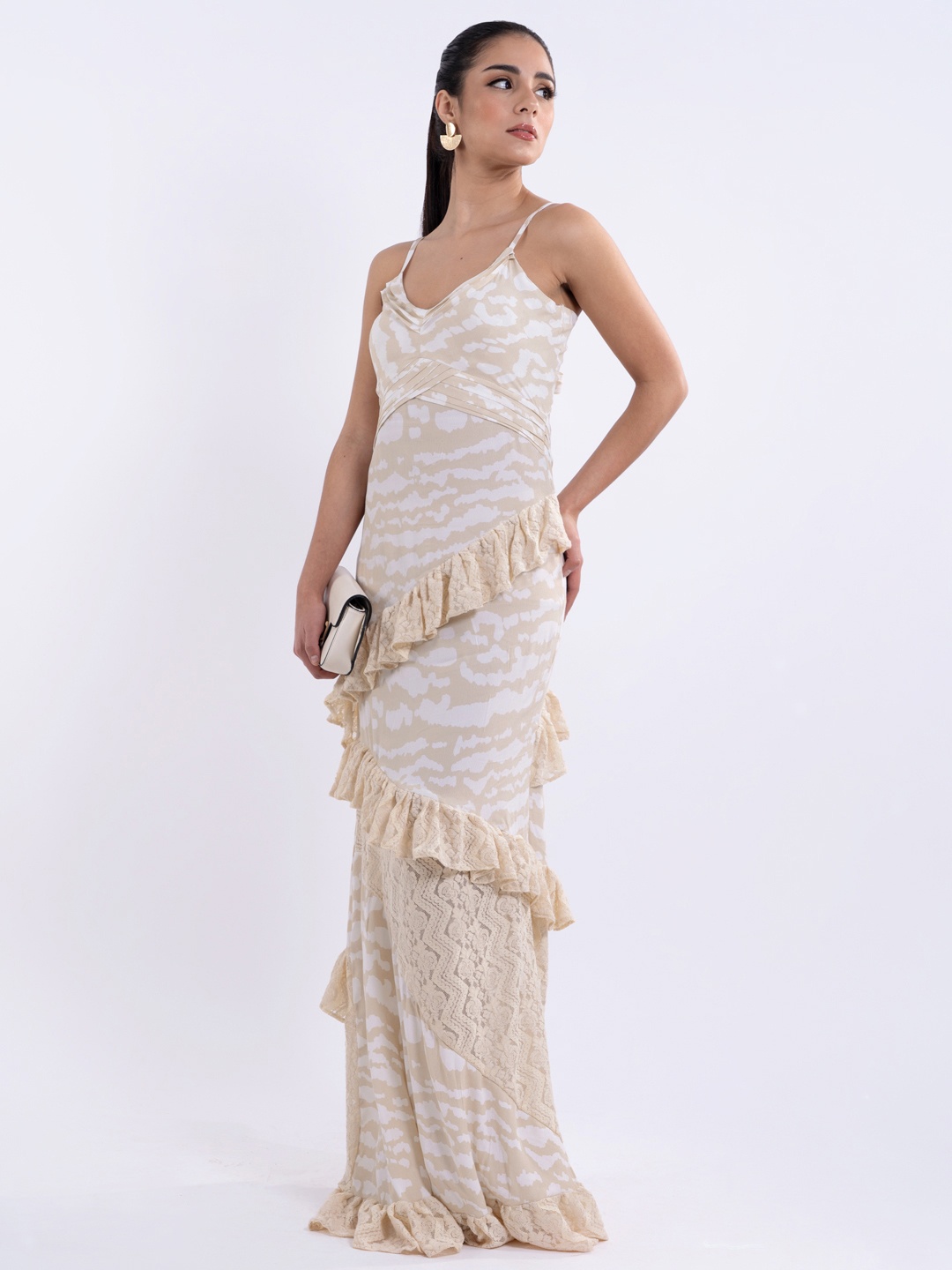 

Stylecast X Hersheinbox Printed Ruffled Lace Inserts Cut-Out Back Maxi Dress, Beige