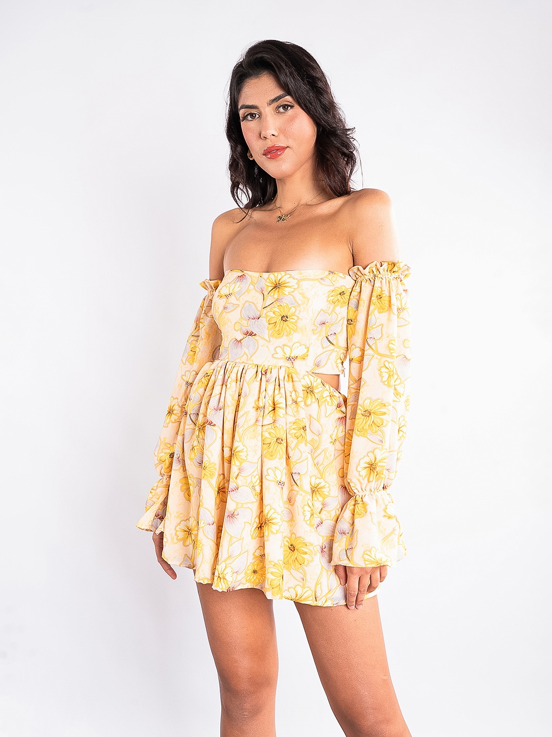 

Stylecast X Hersheinbox Floral Print Puff Sleeves Cut-Outs Detailed Fit & Flare Mini Dress, Yellow