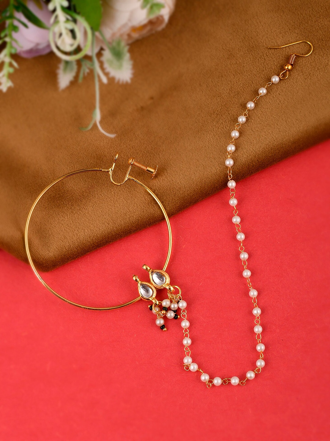 

Shoshaa Gold Plated Kundan Studded & Beaded Vilandi Nosepin