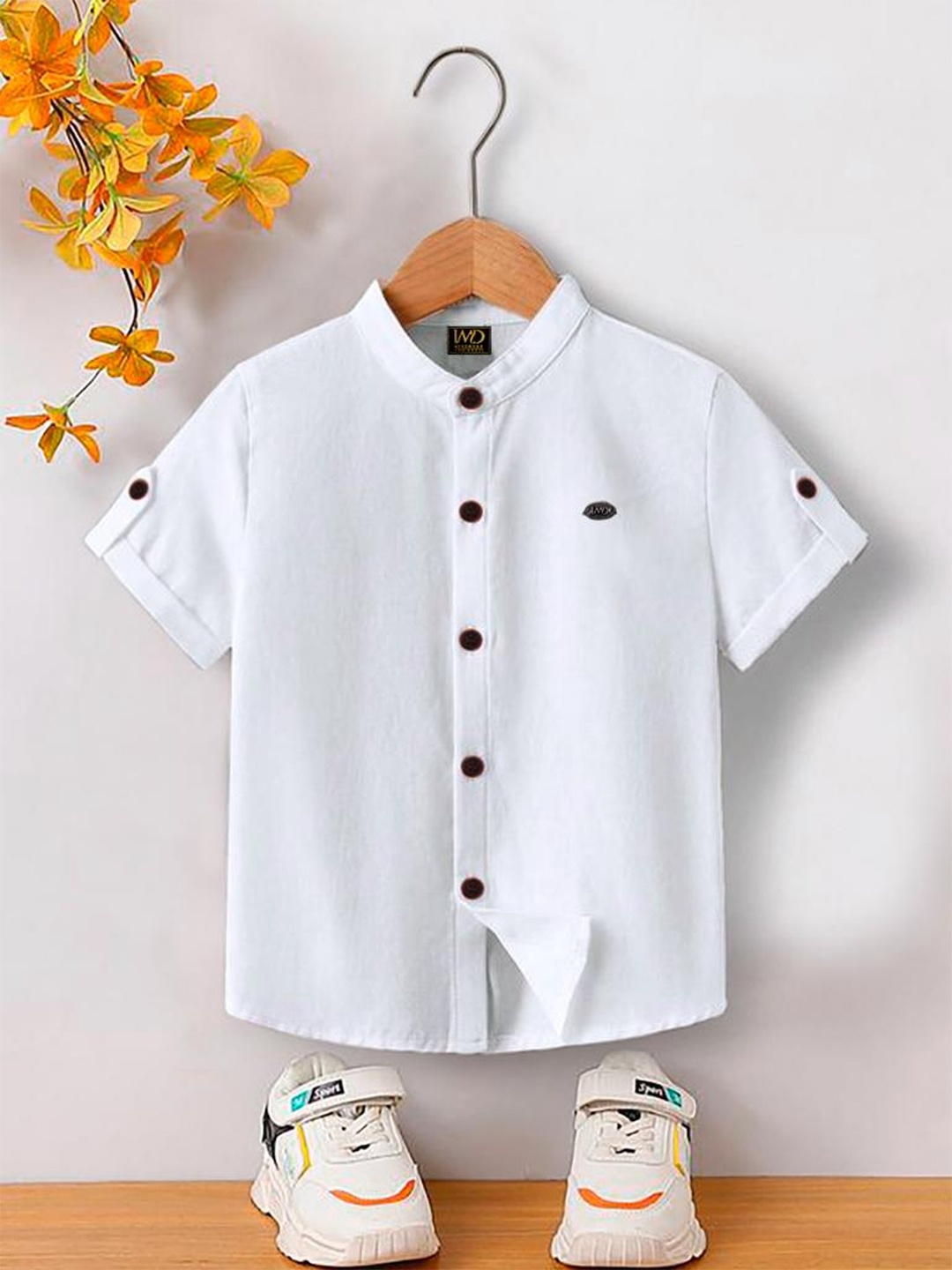 

BAESD Boys Premium Band Collar Denim Weave Cotton Casual Shirt, White