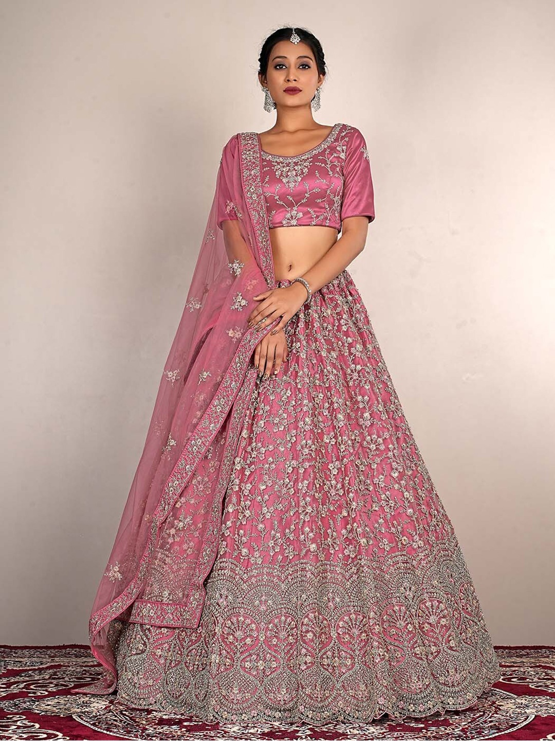 

HALFSAREE STUDIO Embroidered Semi-Stitched Lehenga & Unstitched Blouse With Dupatta, Pink