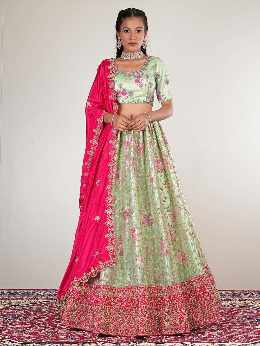 

HALFSAREE STUDIO Embroidered Semi-Stitched Lehenga & Unstitched Blouse With Dupatta, Green