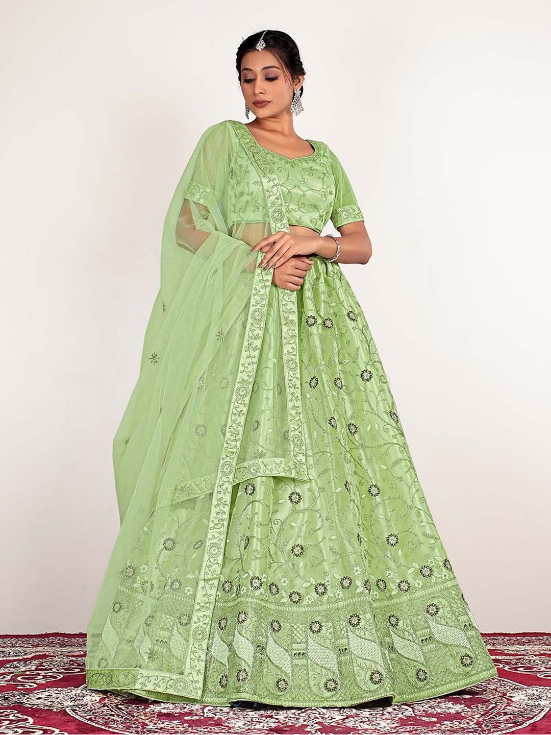 

HALFSAREE STUDIO Embroidered Semi-Stitched Lehenga & Unstitched Blouse With Dupatta, Green