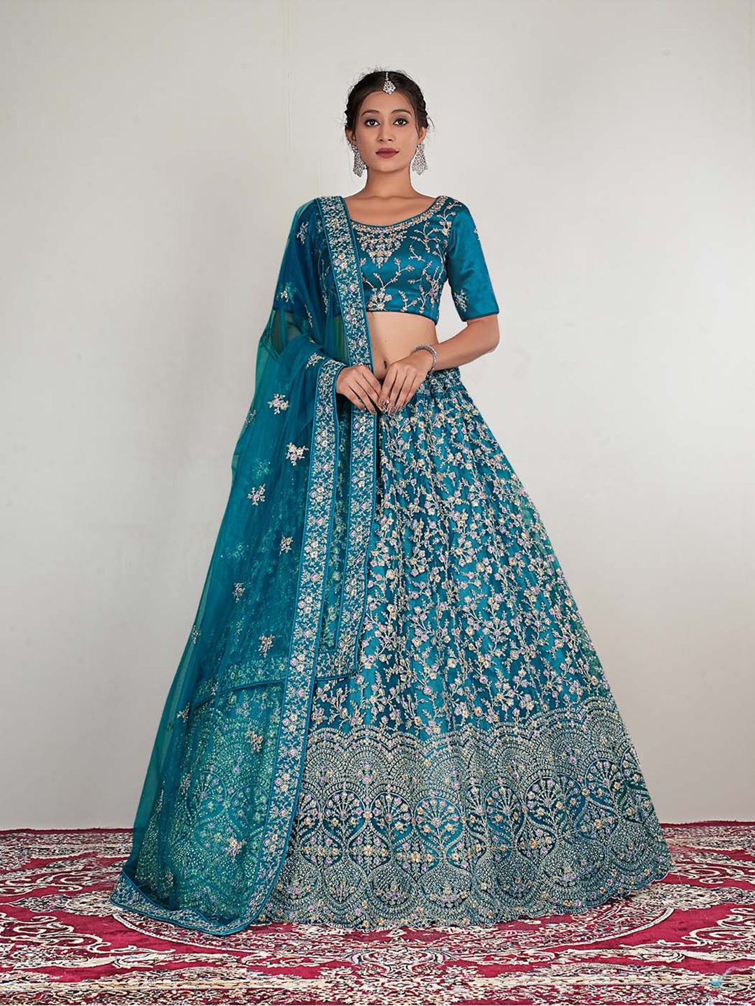

HALFSAREE STUDIO Embroidered Net Semi-Stitched Lehenga & Unstitched Blouse With Dupatta, Green