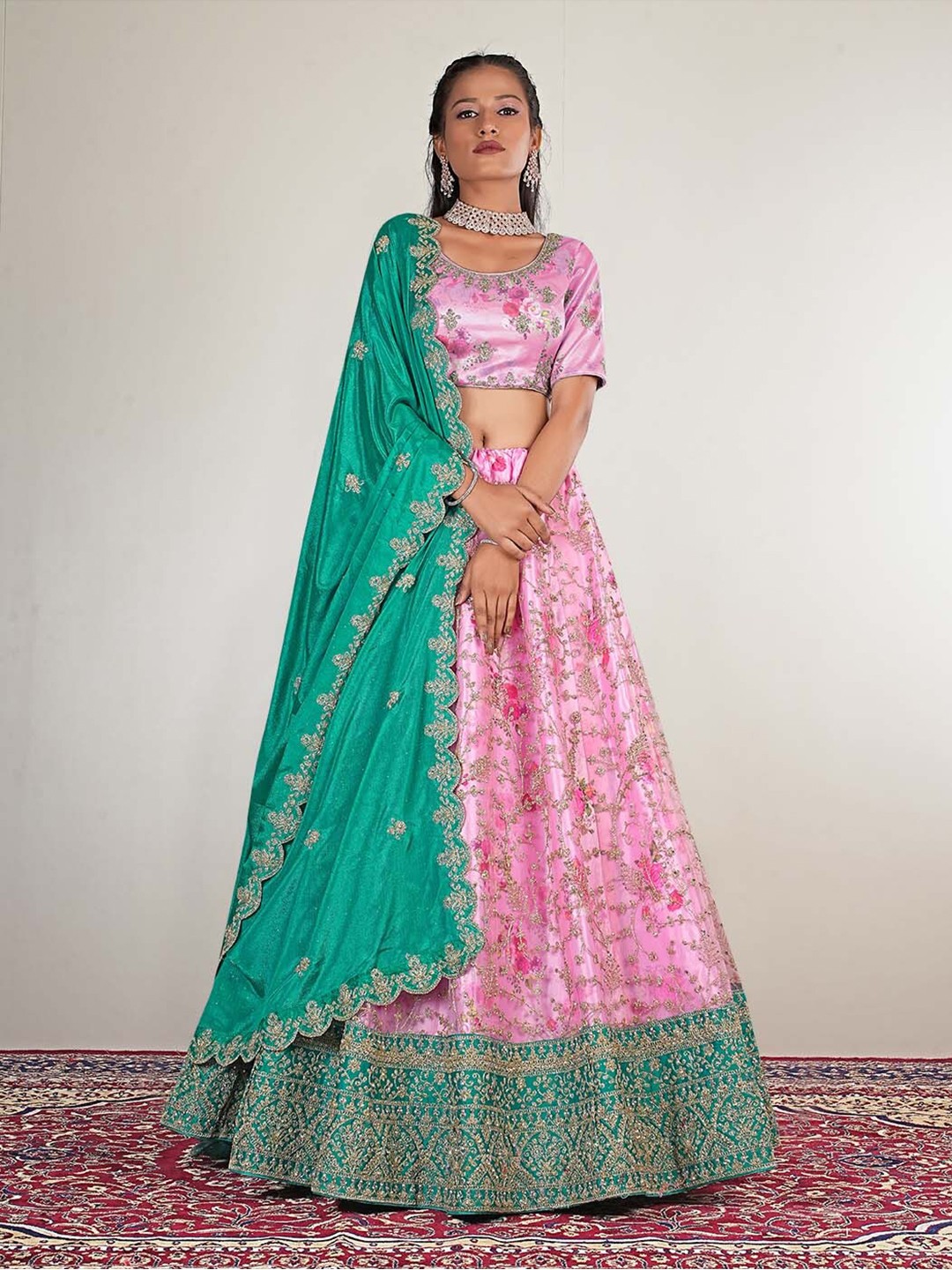 

HALFSAREE STUDIO Embroidered Semi-Stitched Lehenga & Unstitched Blouse With Dupatta, Pink