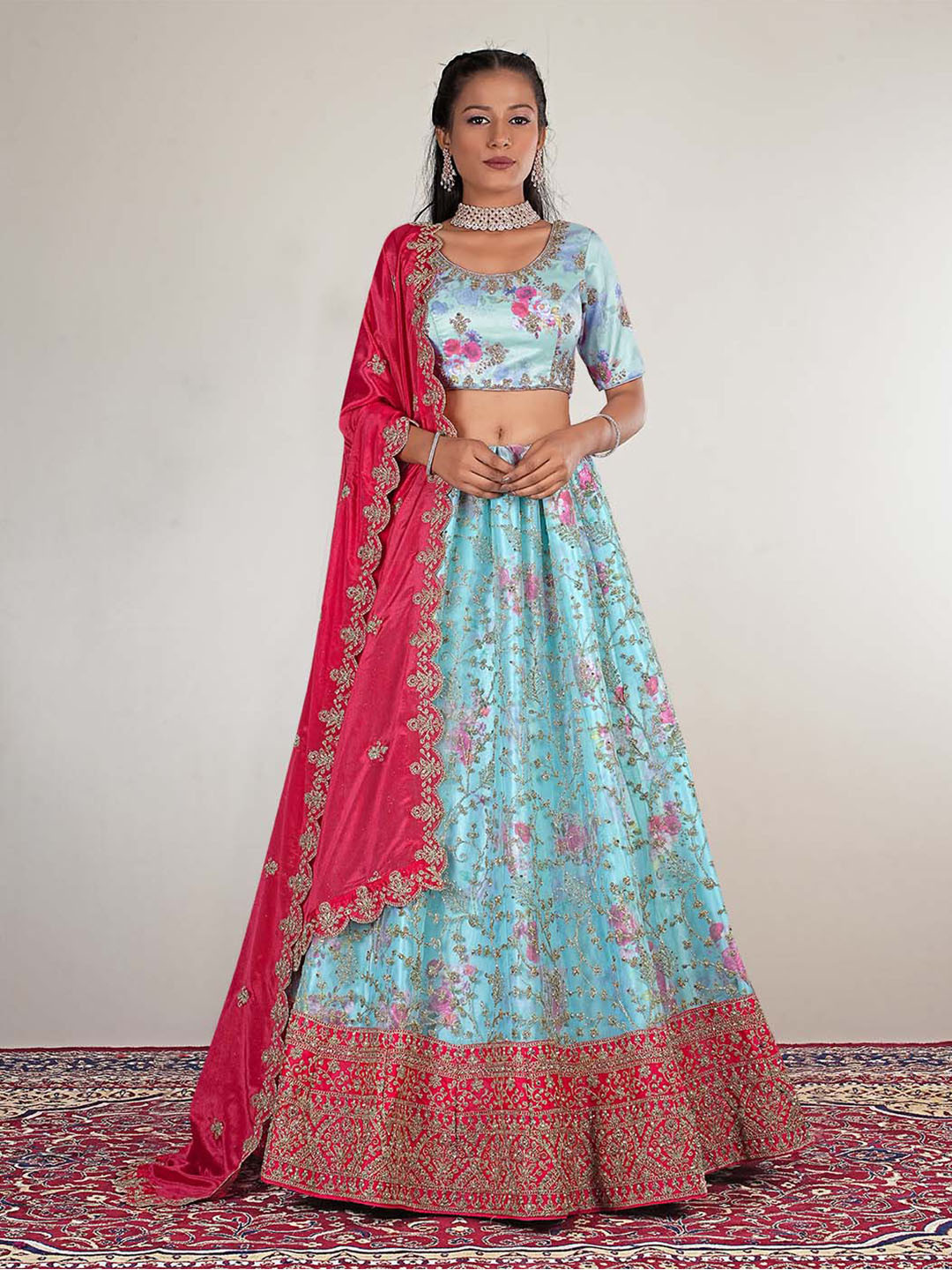 

HALFSAREE STUDIO Embroidered Semi-Stitched Lehenga & Unstitched Blouse With Dupatta, Sea green