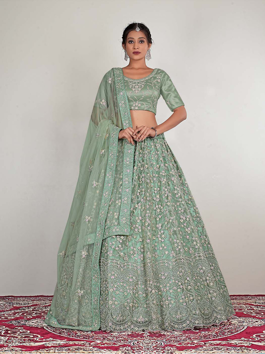 

HALFSAREE STUDIO Embroidered Semi-Stitched Lehenga & Unstitched Blouse With Dupatta, Green