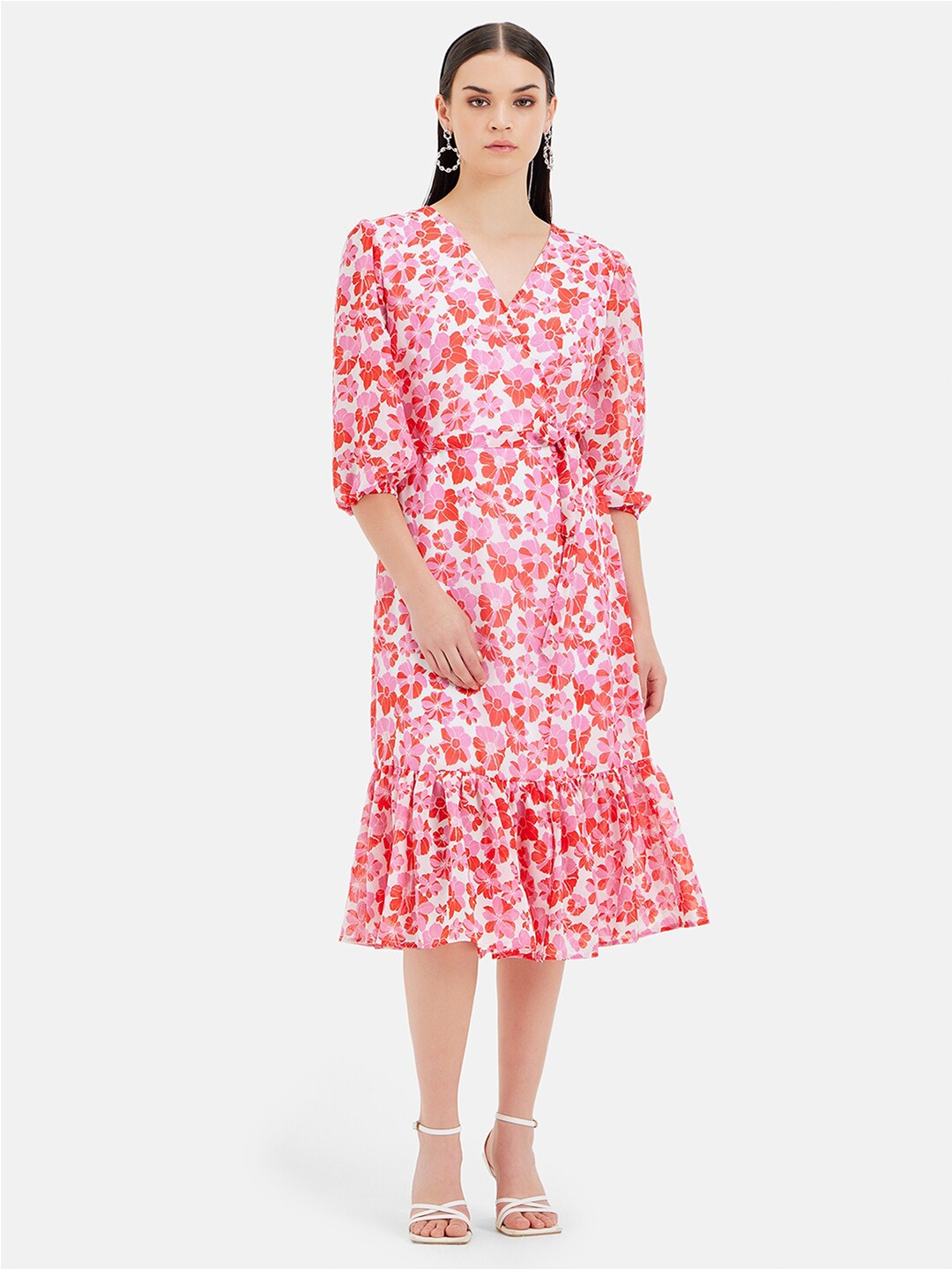 

Kazo Floral Print Georgette Wrap Midi Dress, Pink