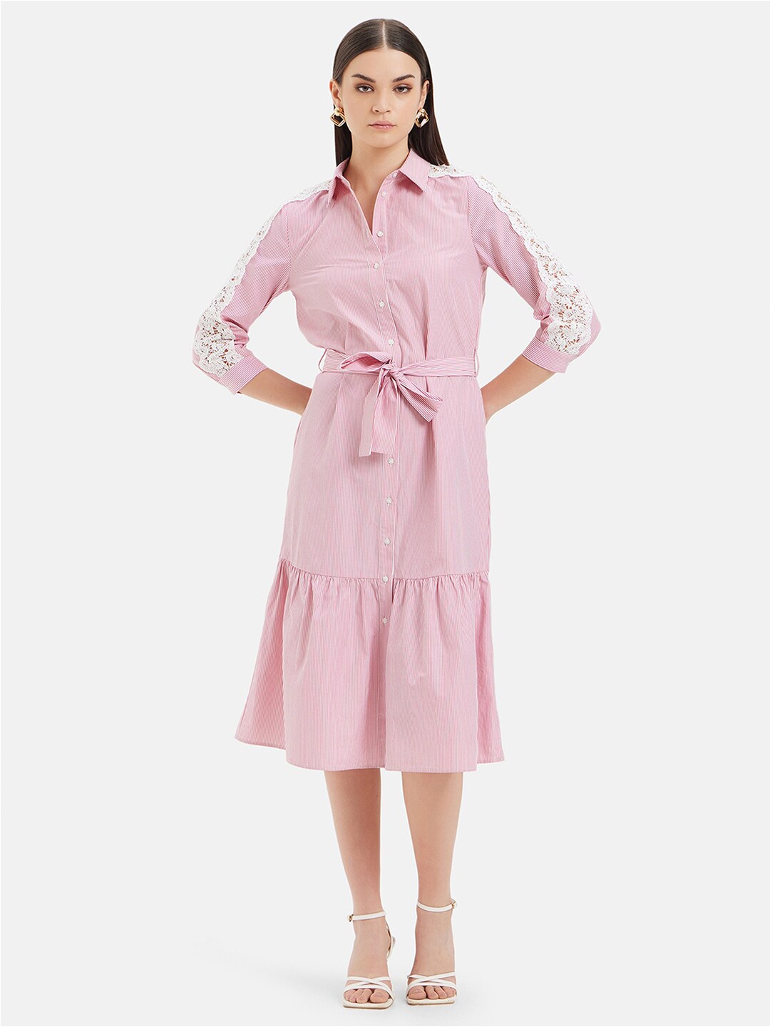 

Kazo Shirt Collar Cuffed Sleeves Cotton Midi Shirt Dress, Pink