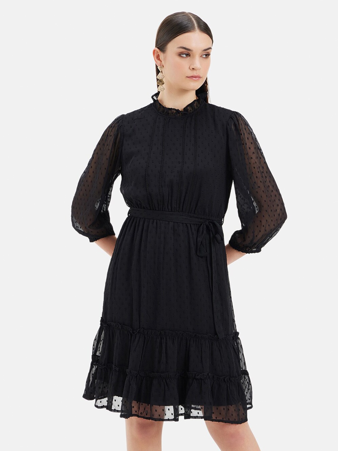 

Kazo Self Design Puff Sleeve Chiffon Fit & Flare Dress, Black