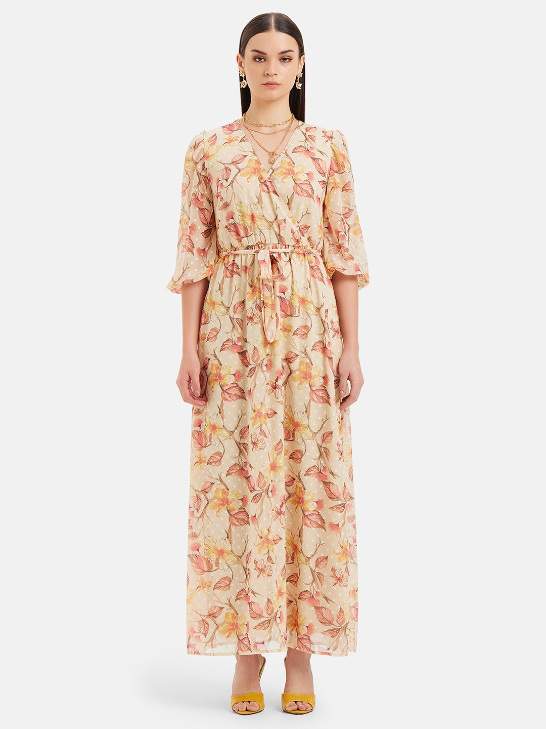 

Kazo Floral Printed V-Neck Puff Sleeve Fit & Flare Casual Dress, Yellow