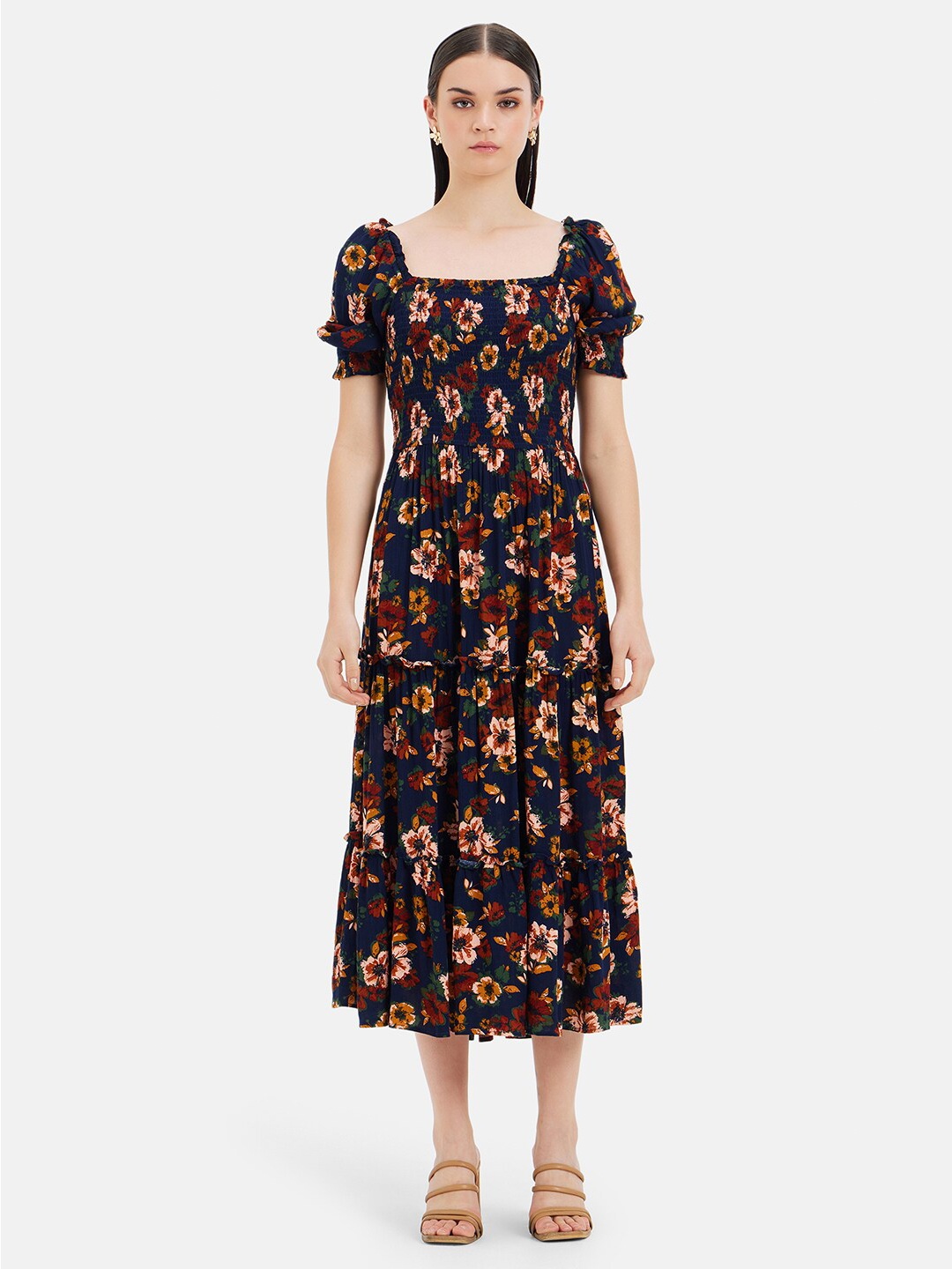 

Kazo Floral Print Puff Sleeve Cotton Fit & Flare Midi Dress, Navy blue