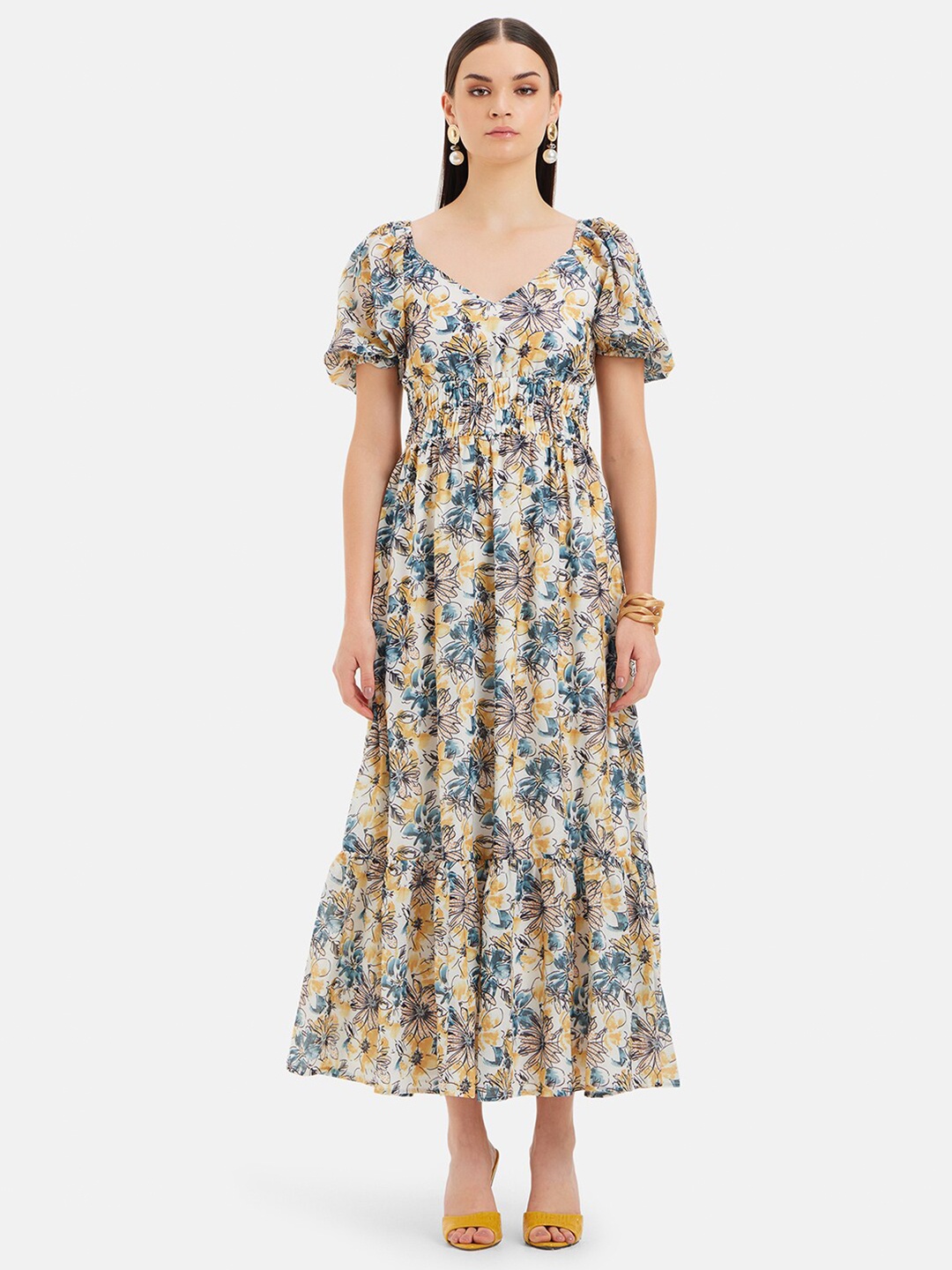 

Kazo Floral Printed V-Neck Puff Sleeves Maxi Casual Dress, Yellow