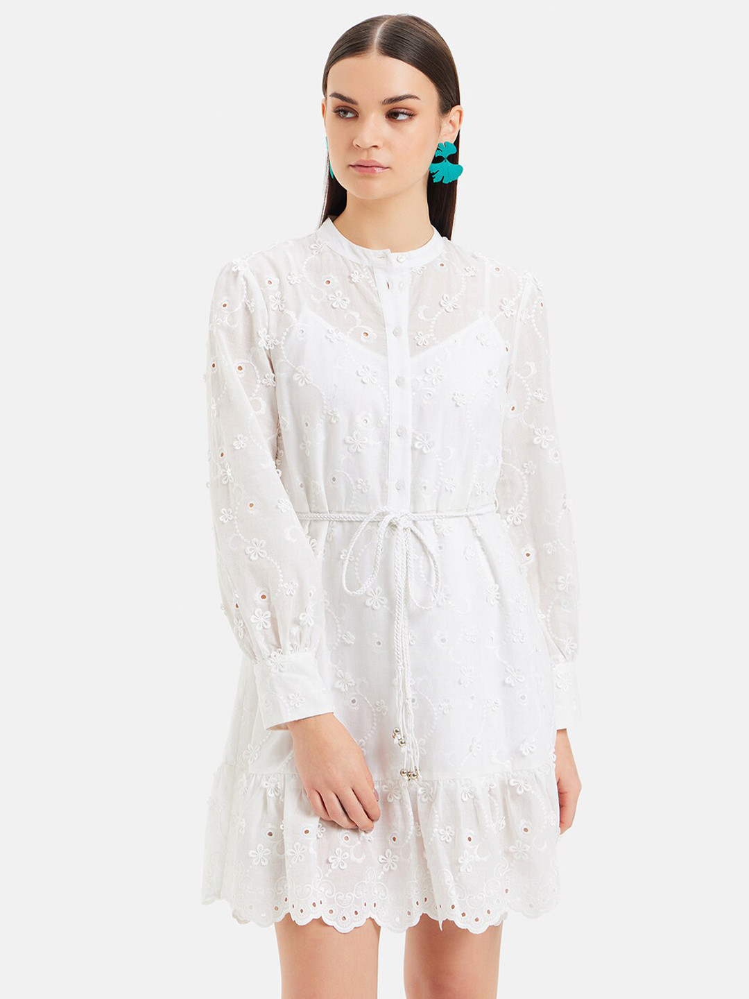 

Kazo Mandarin Collar Cuffed Sleeves Cotton A-Line Dress, White