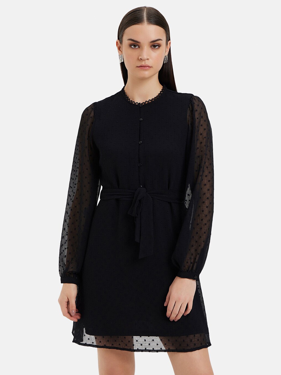 

Kazo Self Design Chiffon Fit and Flare Mini Dress, Black