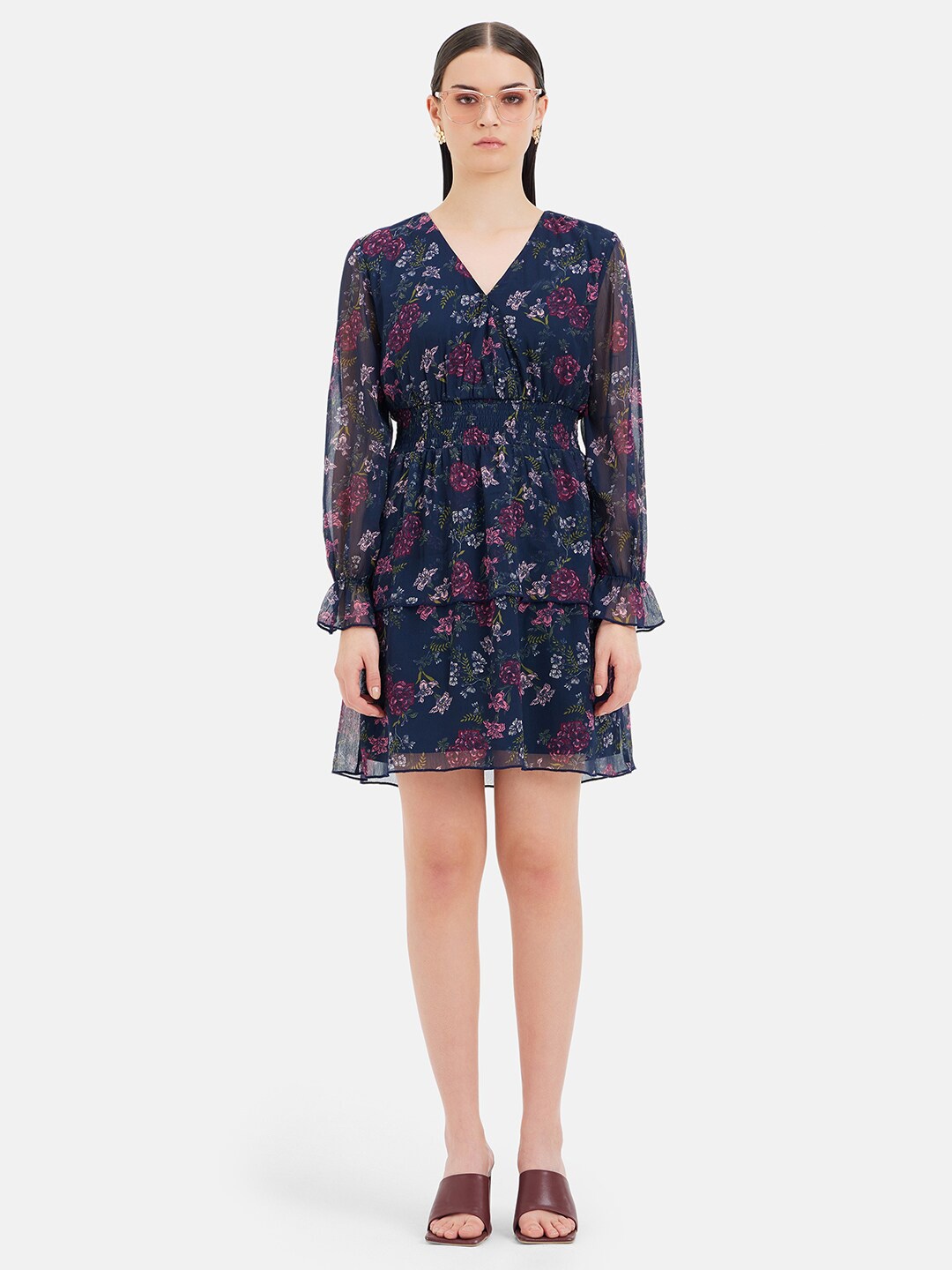 

Kazo Floral Printed V-Neck Fit & Flare Opaque Casual Dress, Navy blue