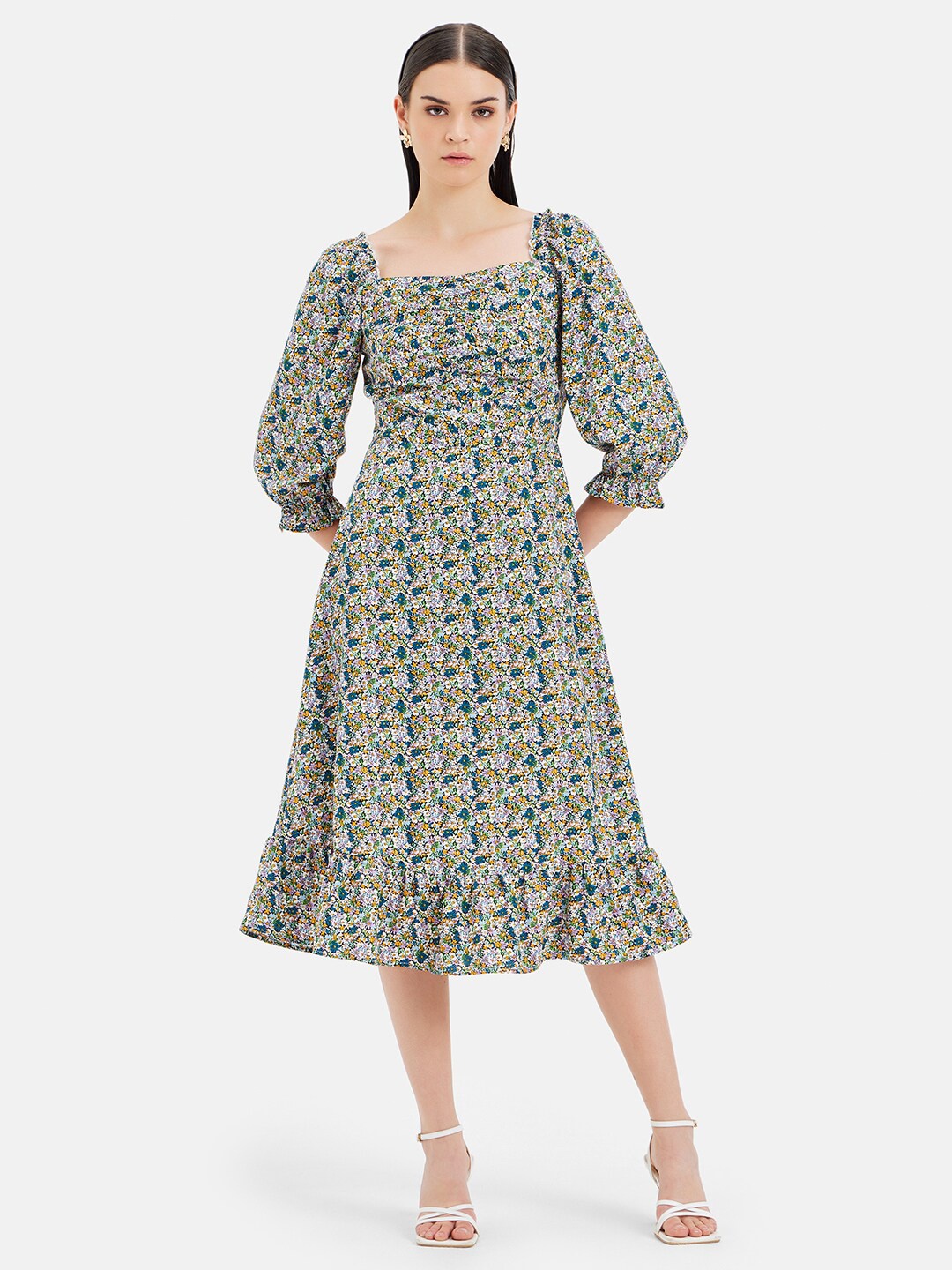 

Kazo Floral Print Puff Sleeve Satin Fit & Flare Midi Dress, Teal