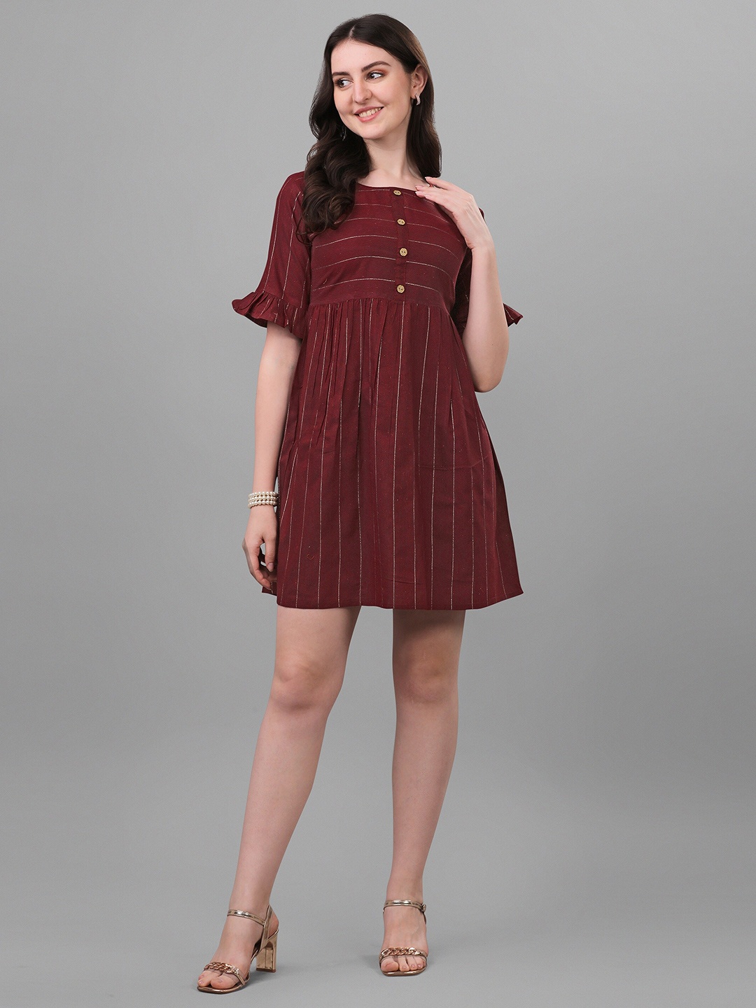 

CaniBani Striped Cotton Round Neck Bell Sleeve Empire Dress, Maroon