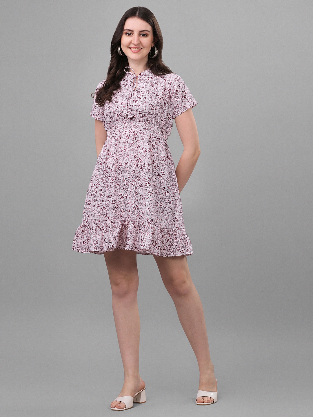 

CaniBani Floral Print Cotton Tie-Up Neck Fit & Flare Dress, Maroon