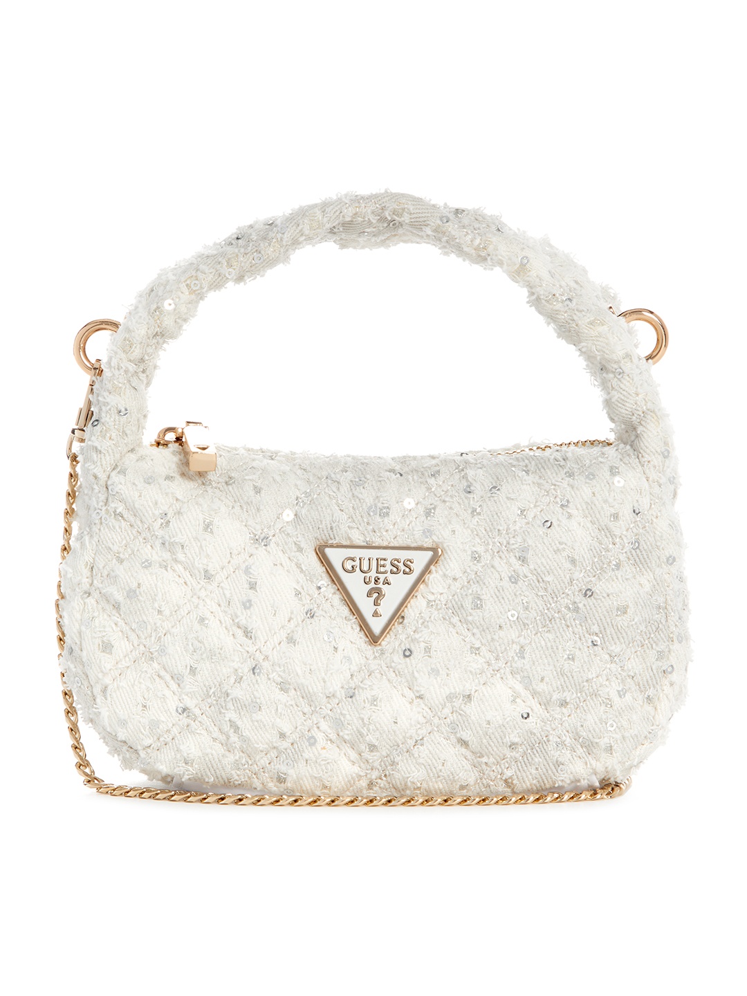 

GUESS Sequinned Embellished Structured Mini Handheld Bag with Quilted Detail, White