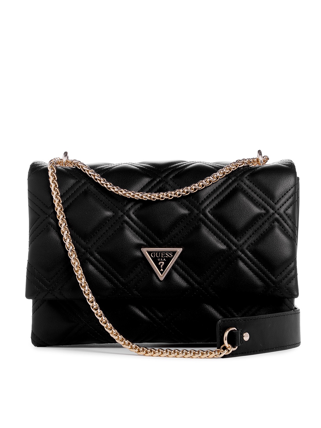 

GUESS Geometric Textured Structured Shoulder Bag with Quilted Detail, Black