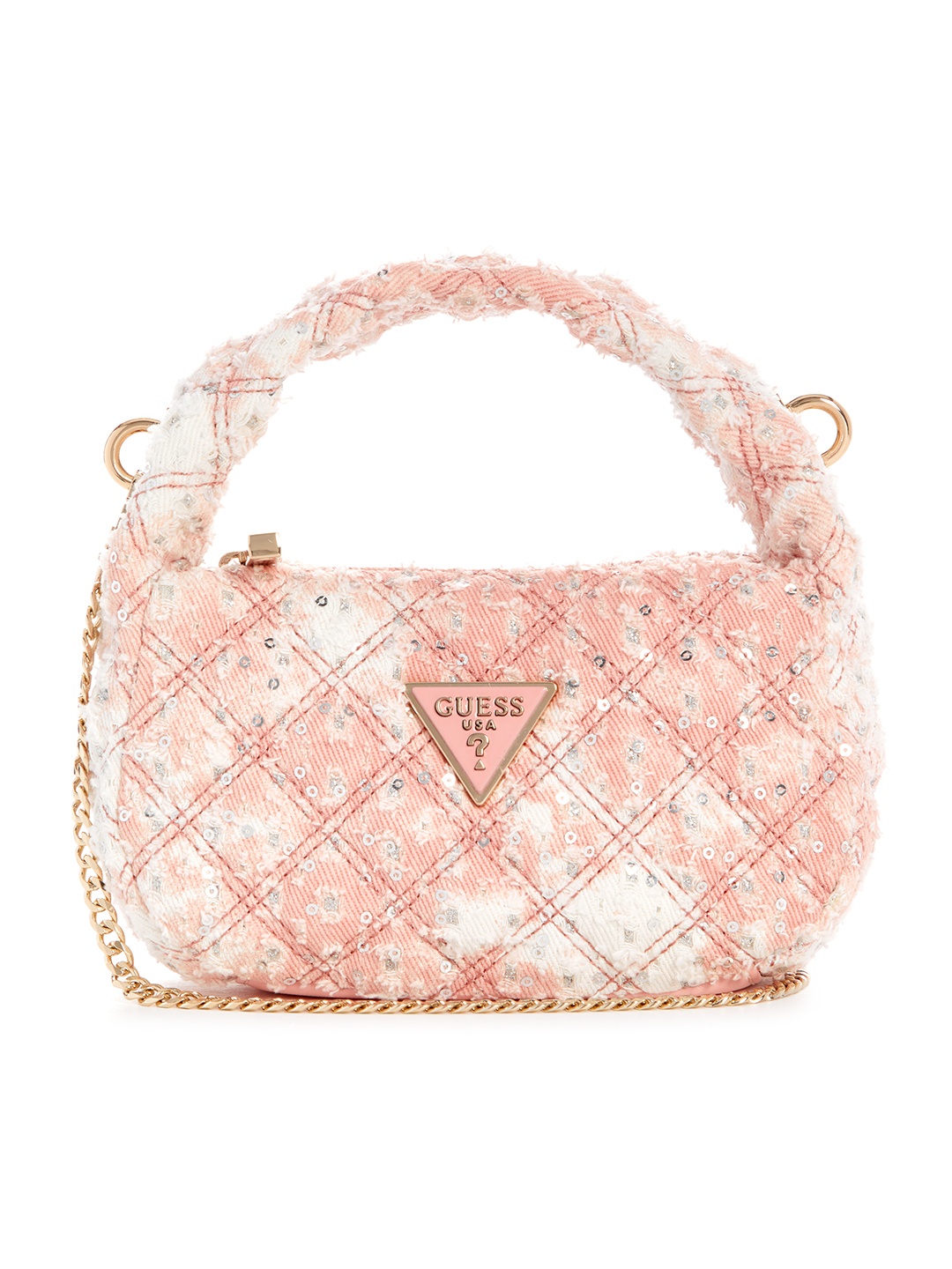 

GUESS Sequined Structured Handheld Bag with Quilted Detail, Pink