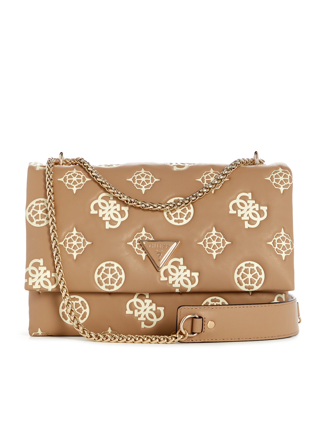 GUESS Brand Logo Textured Structured Shoulder Bag, Beige