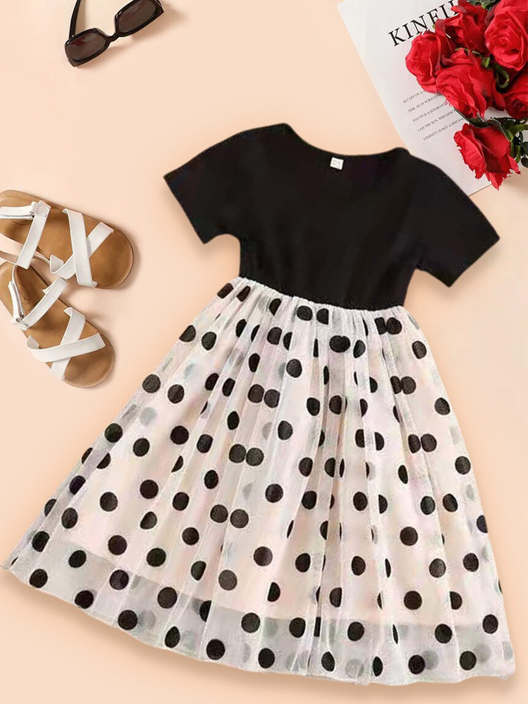 

INCLUD Girls Polka Dot Printed Cotton Fit & Flare Dress, Black