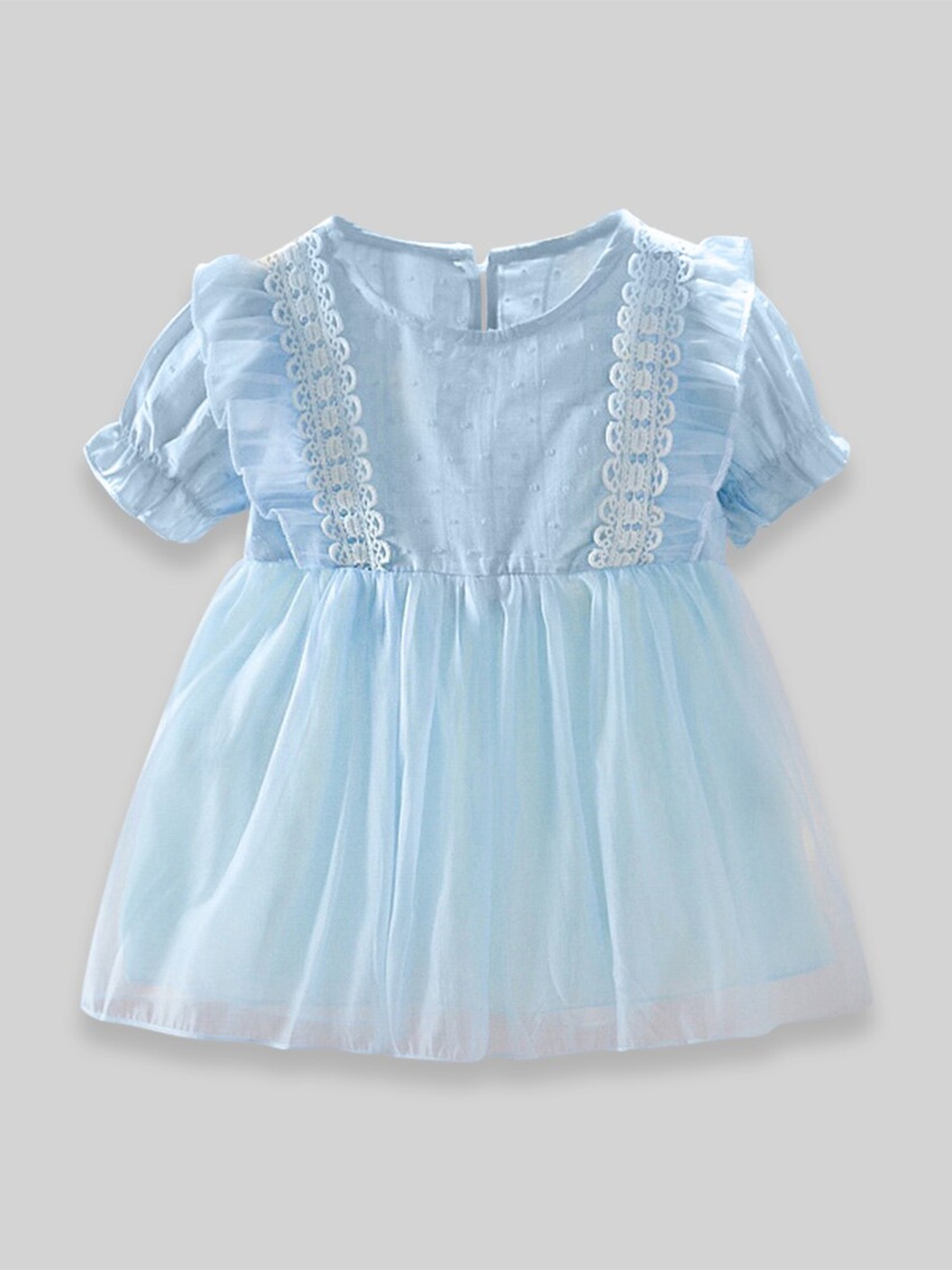 

INCLUD Girls Puff Sleeves Fit & Flare Cotton Dress, Blue