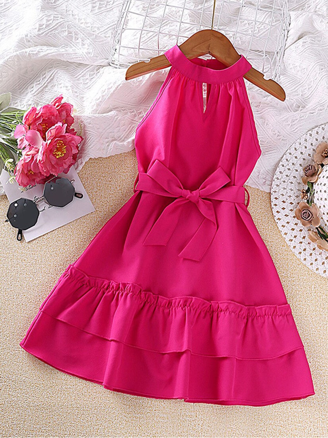 

INCLUD Girls Halter Neck Fit & Flare Cotton Dress, Pink