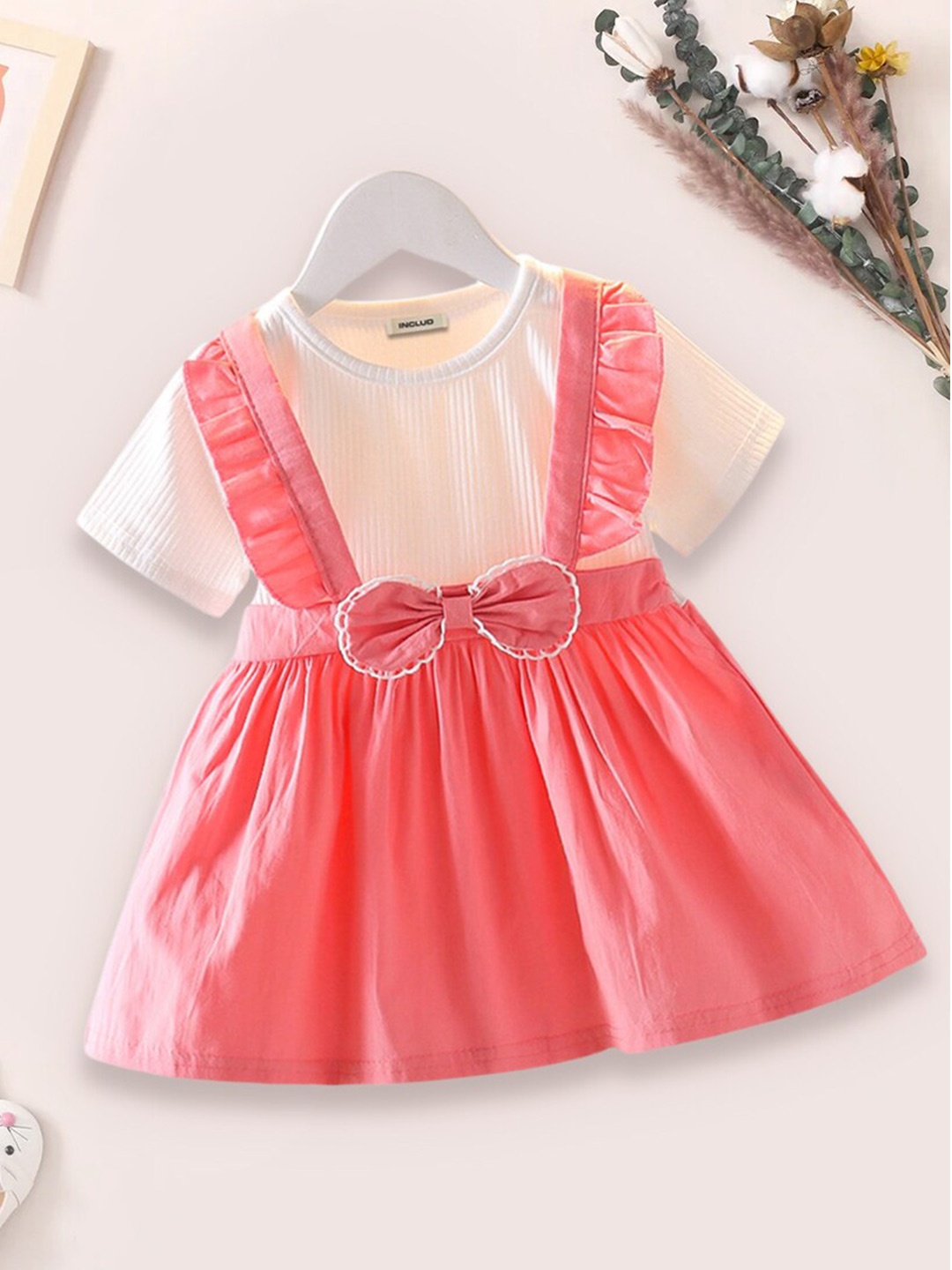 

INCLUD Girls Round Neck Cotton Fit & Flare Opaque Casual Dress, Pink