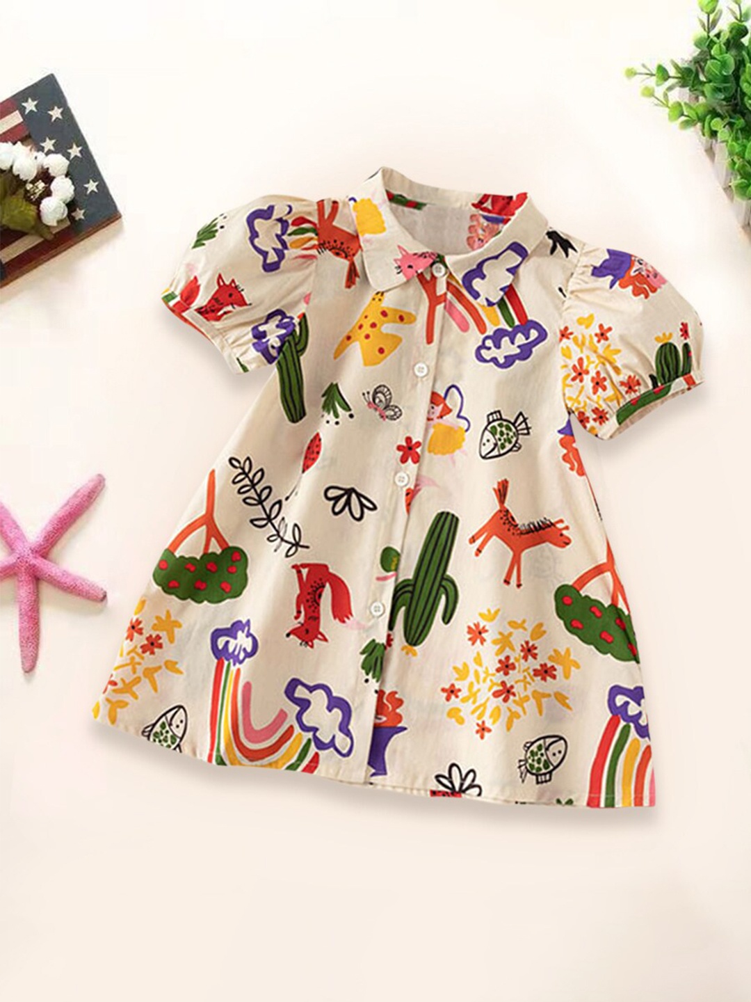 

INCLUD Conversational Printed Cotton A-Line Opaque Casual Dress, Beige