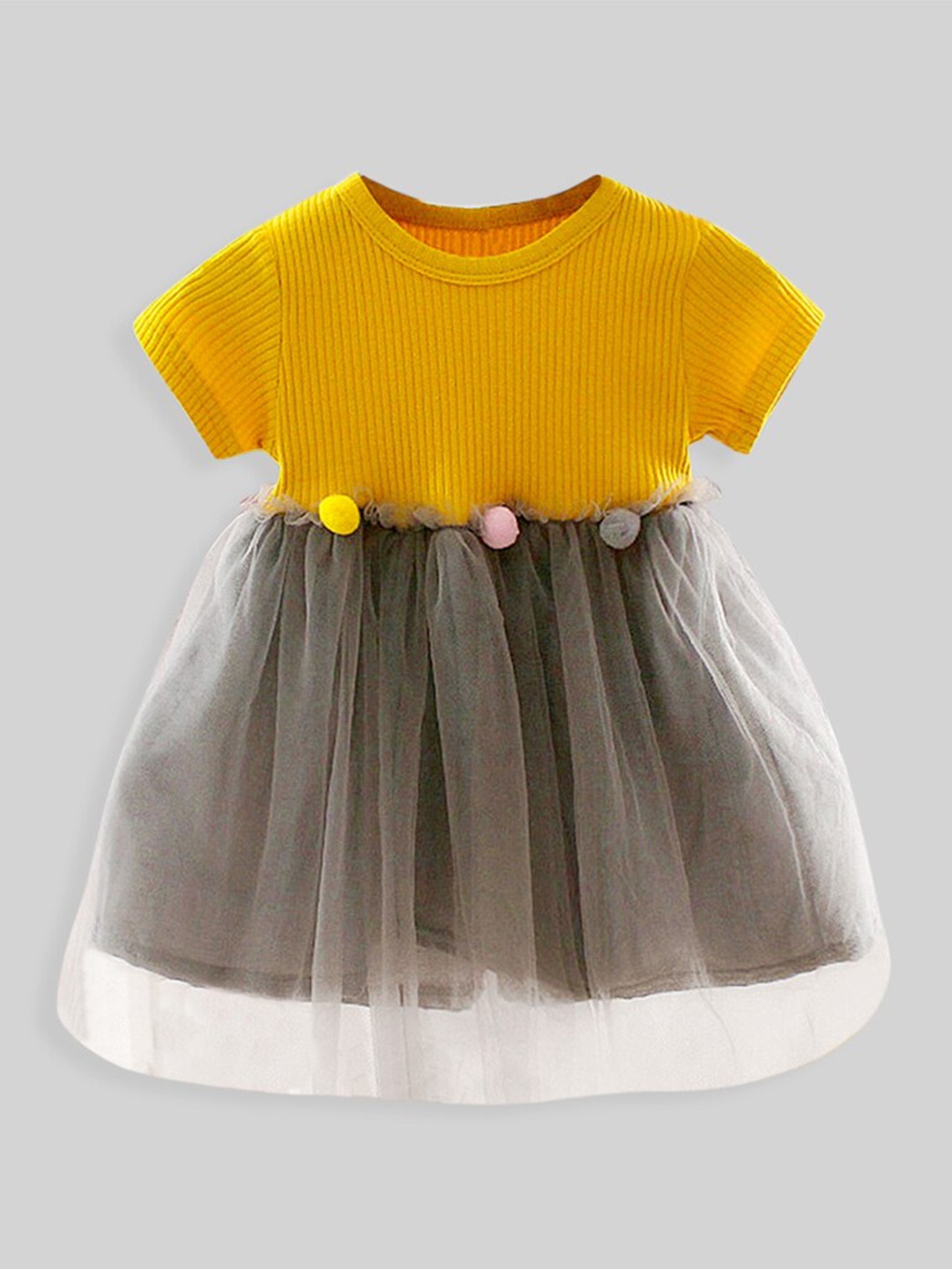 

INCLUD Round Neck Short Sleeves Knee Length Fit & Flare Cotton cambric Dress, Yellow