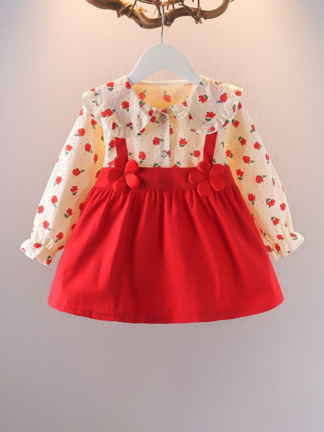 

INCLUD Conversational Printed Round Neck Cuffed Sleeves Cotton Fit & Flare Dress, Red