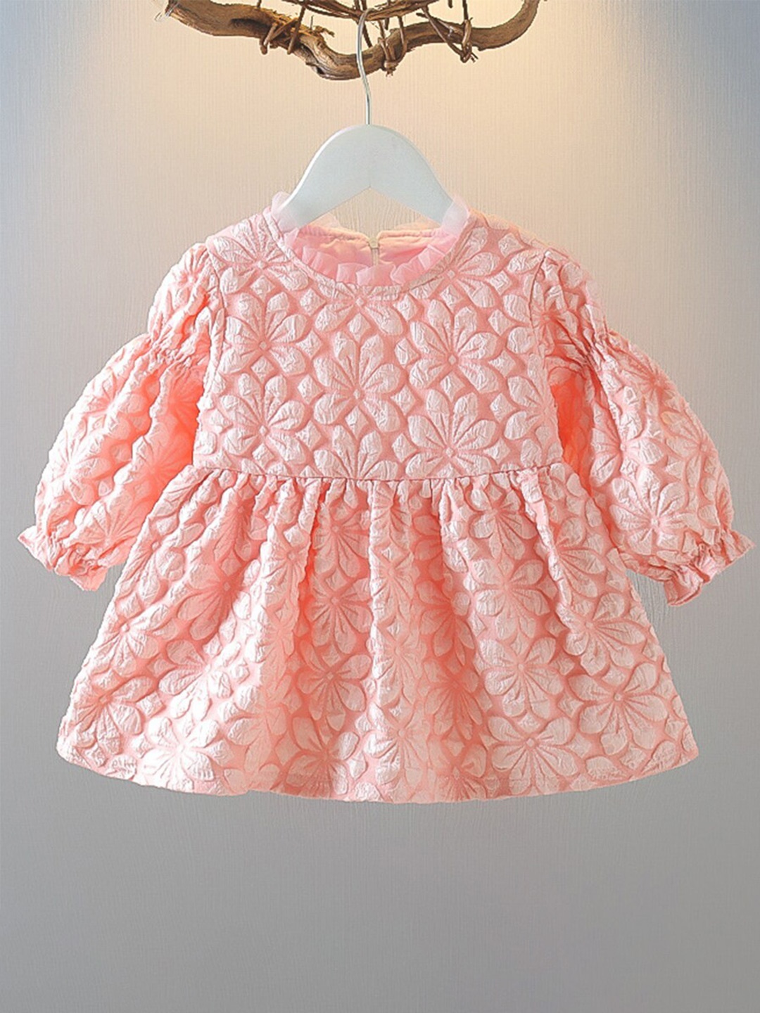 

INCLUD Floral Embellished Round Neck Puff Sleeve Cotton Fit & Flared Dress, Pink
