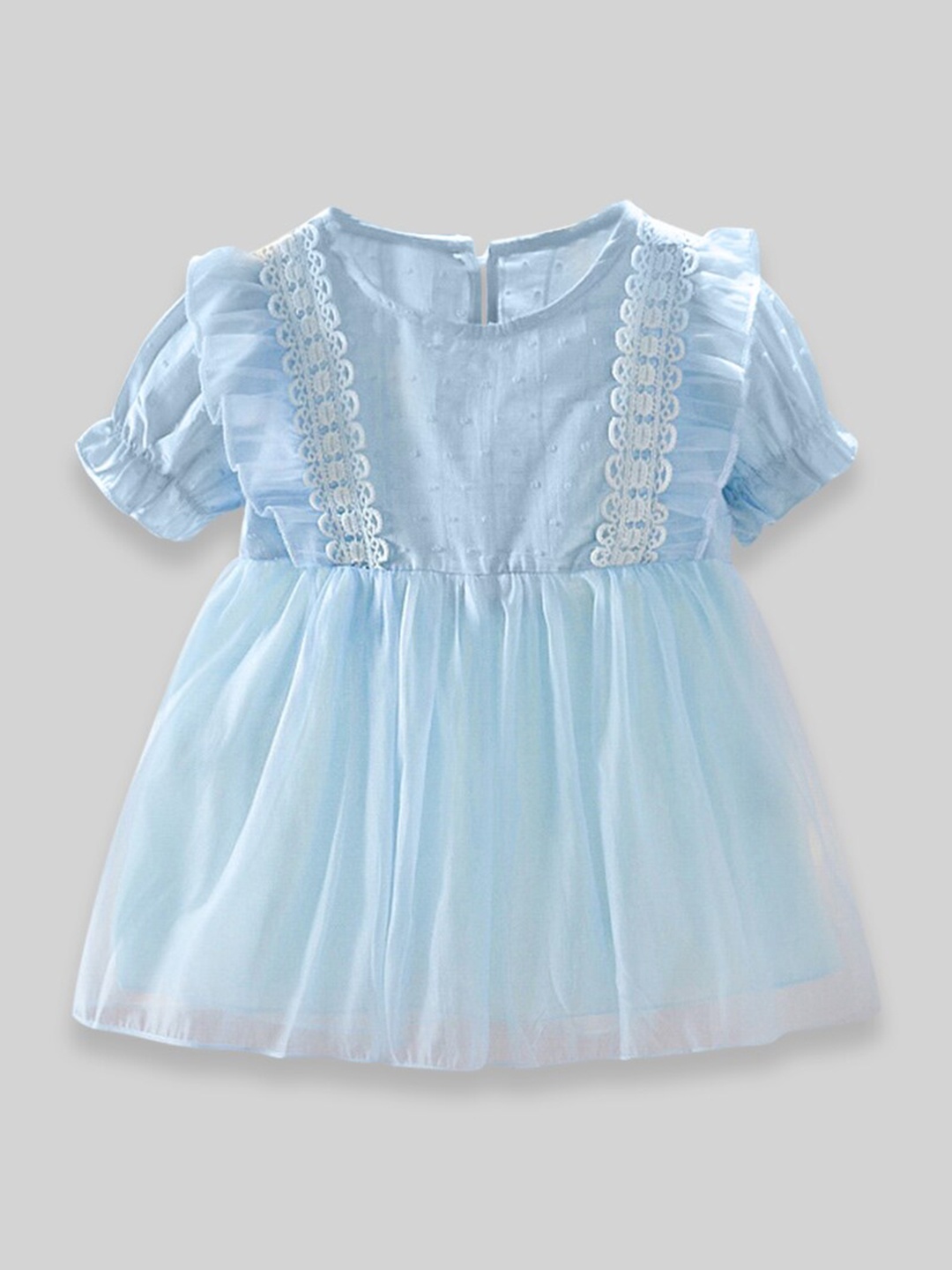 

INCLUD Self Design Round Neck Puff Sleeves Fit & Flare Cotton Dress, Blue