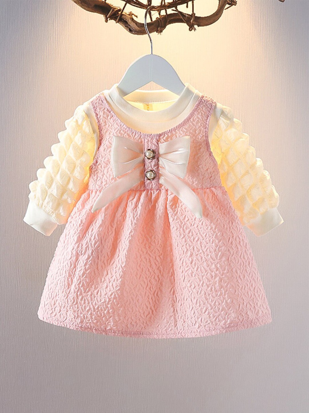 

INCLUD Self Design Round Neck Puff Sleeves Cotton Fit & Flare Dress, Pink