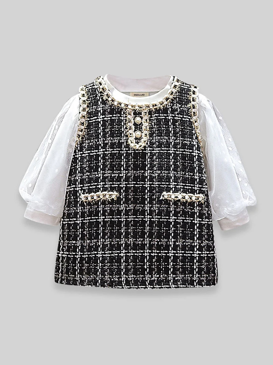 

INCLUD Print Puff Sleeve A-Line Dress, Black