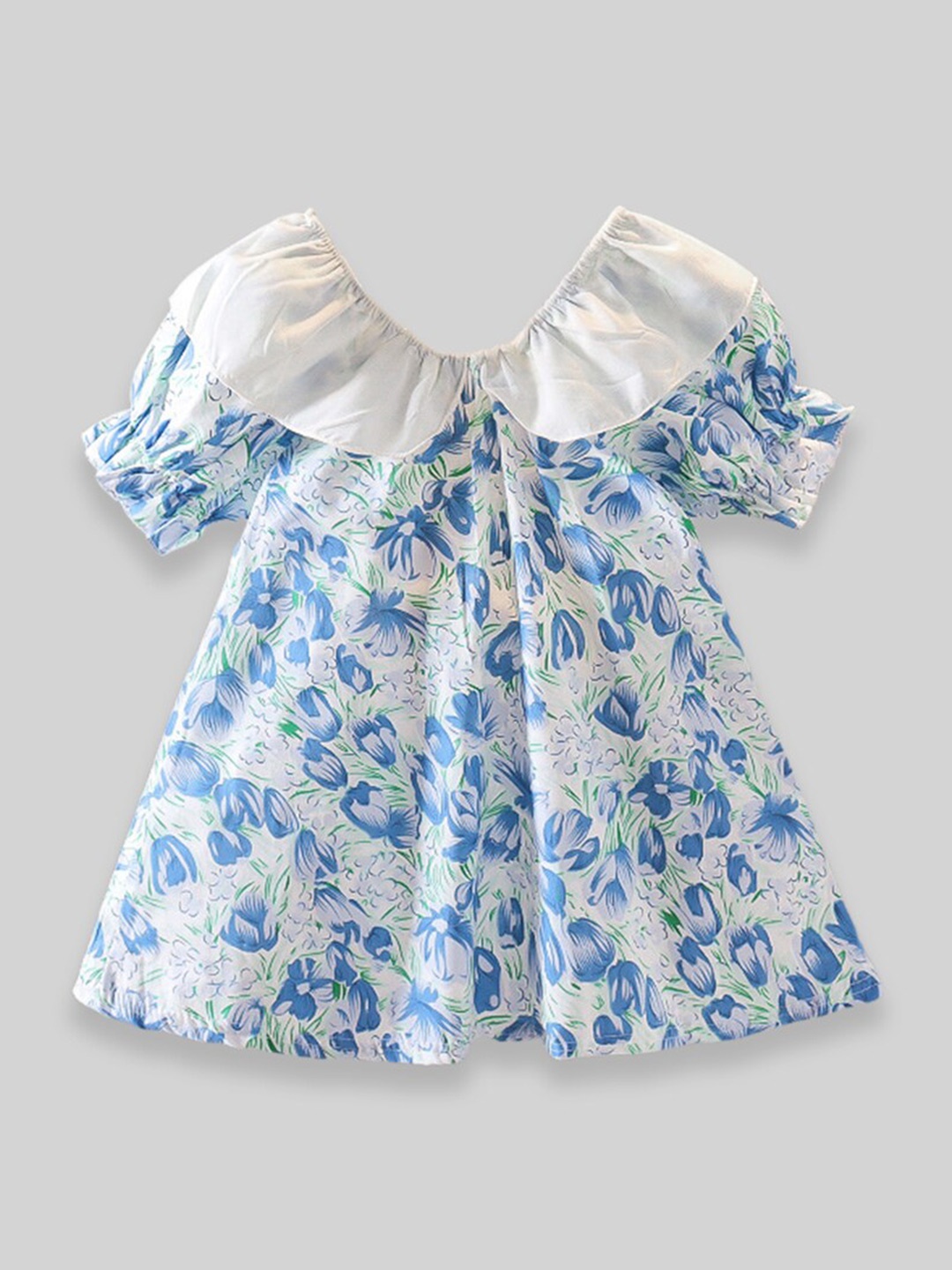 

INCLUD Girls Floral Printed Puff Sleeve Fit & Flare Cotton Dress with Bow, Blue